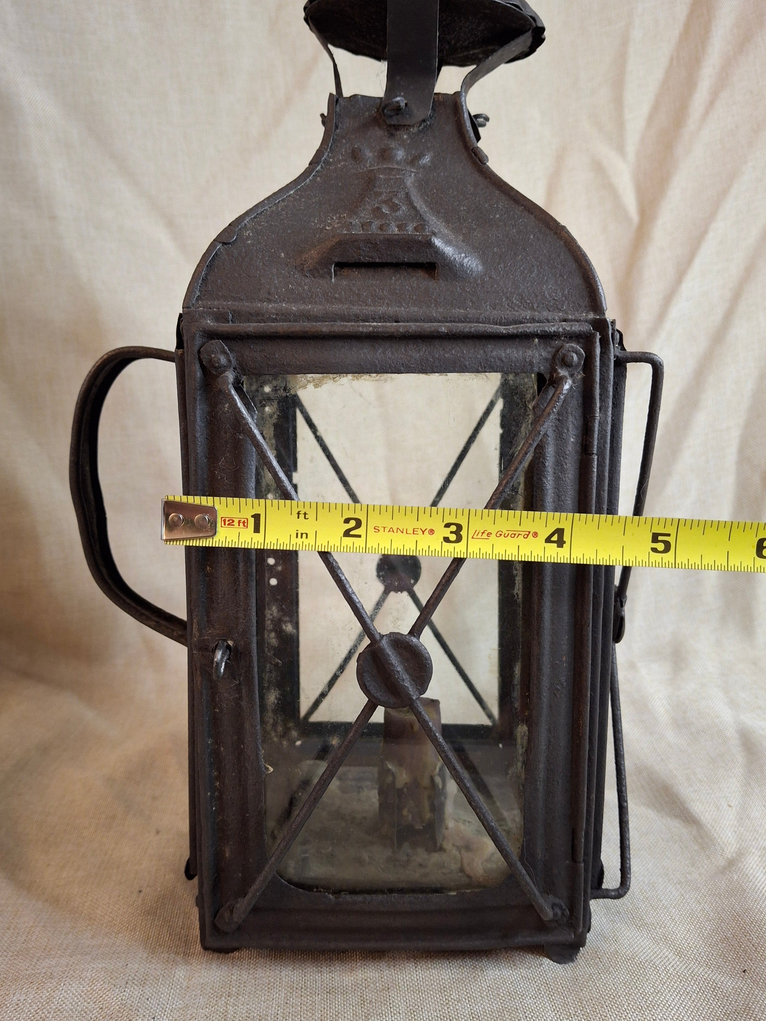 RARE 19thC Embossed Tower Candle Lantern - INTACT Two-Tab Locking Tray - X-Brace