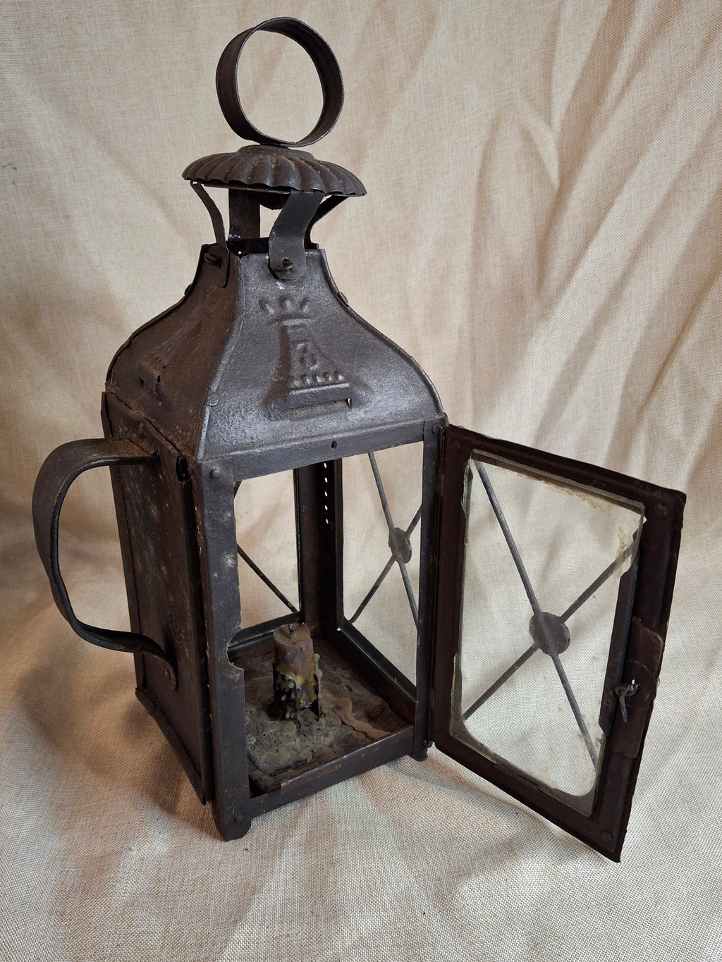 RARE 19thC Embossed Tower Candle Lantern - INTACT Two-Tab Locking Tray - X-Brace
