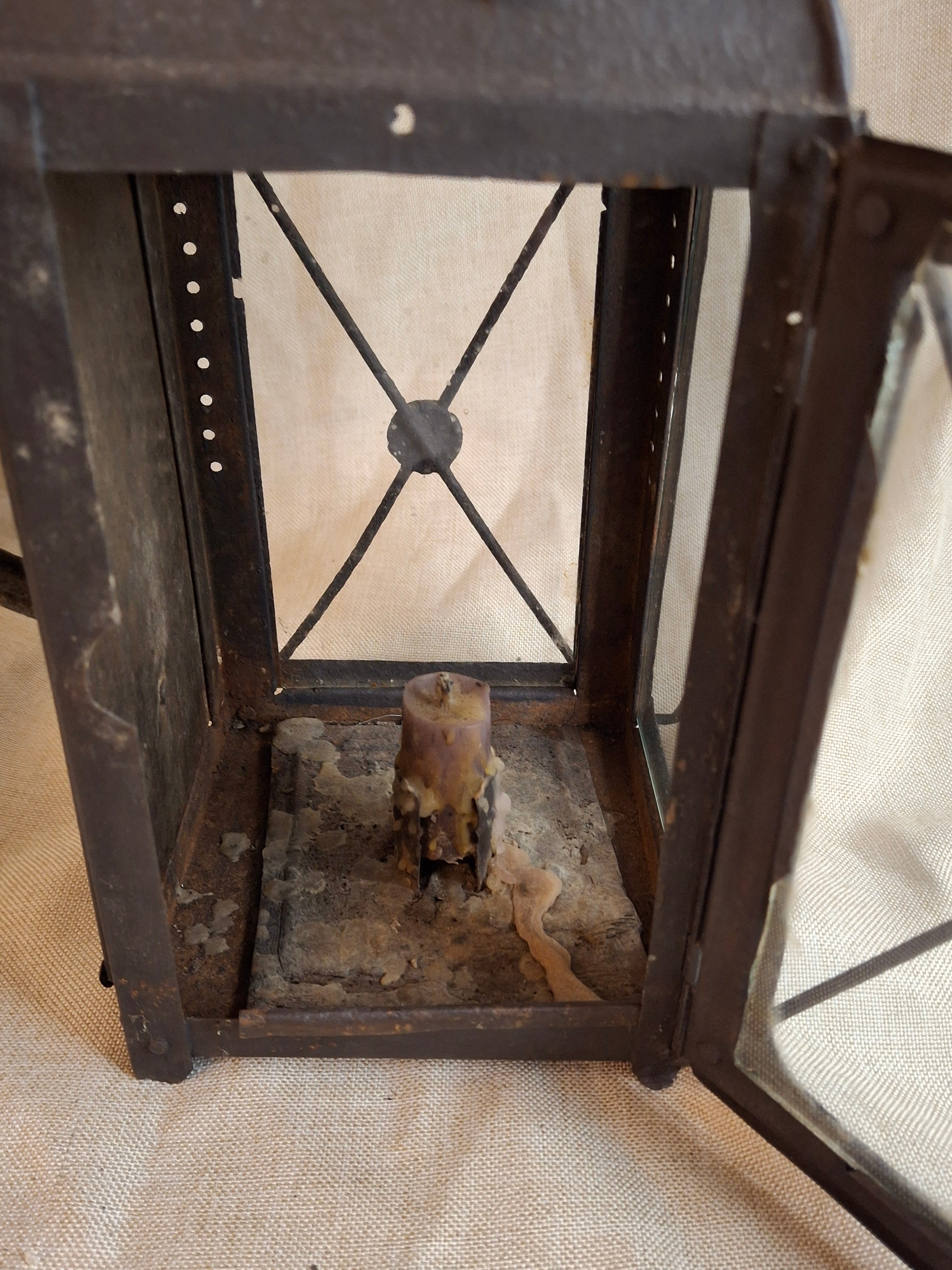 RARE 19thC Embossed Tower Candle Lantern - INTACT Two-Tab Locking Tray - X-Brace