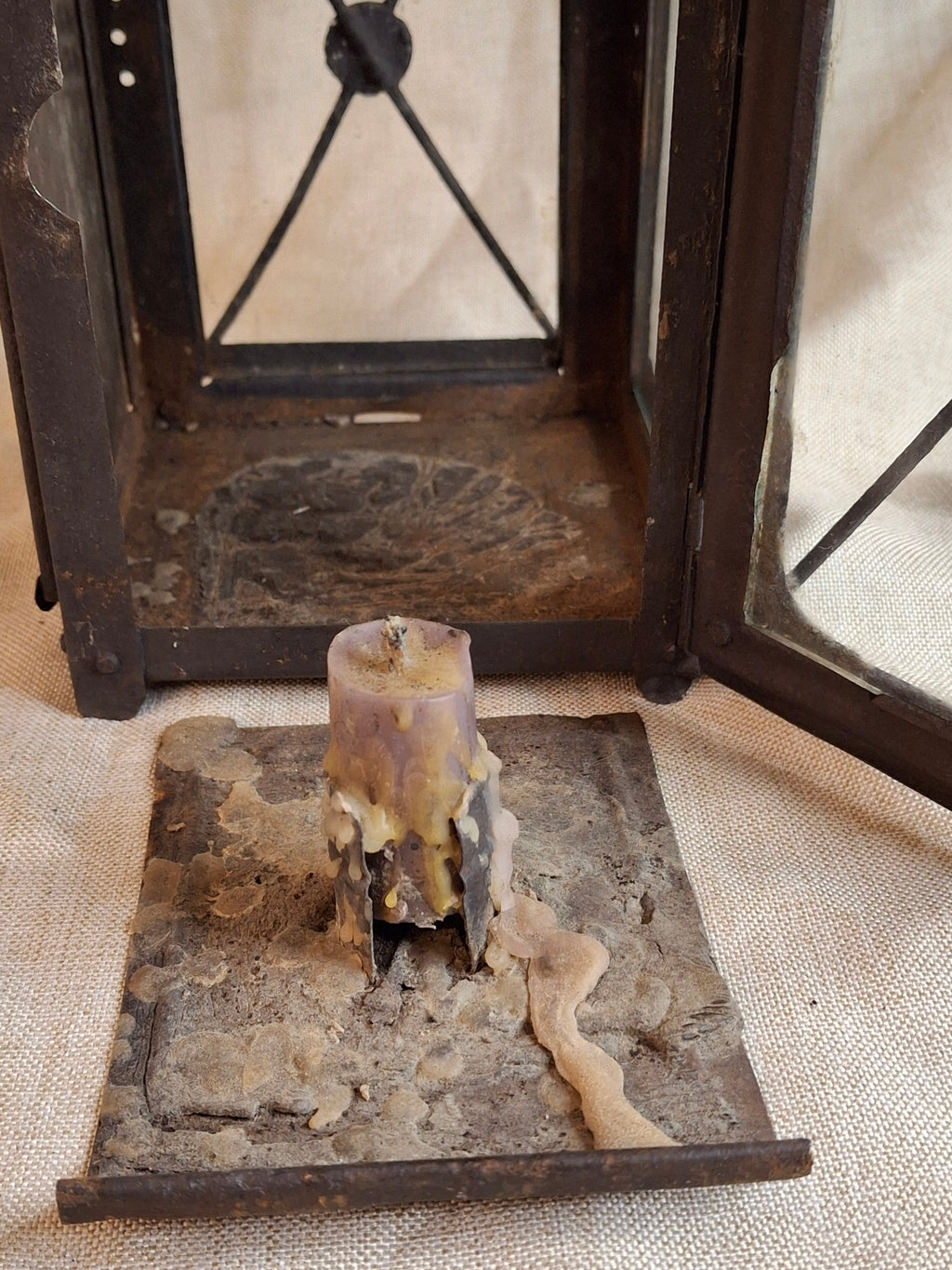 RARE 19thC Embossed Tower Candle Lantern - INTACT Two-Tab Locking Tray - X-Brace