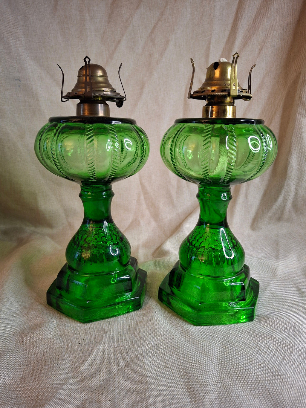 Pair Antique Emerald Green Kerosene Lamps Thousand Eye Base Rope Font EAPG 1880s