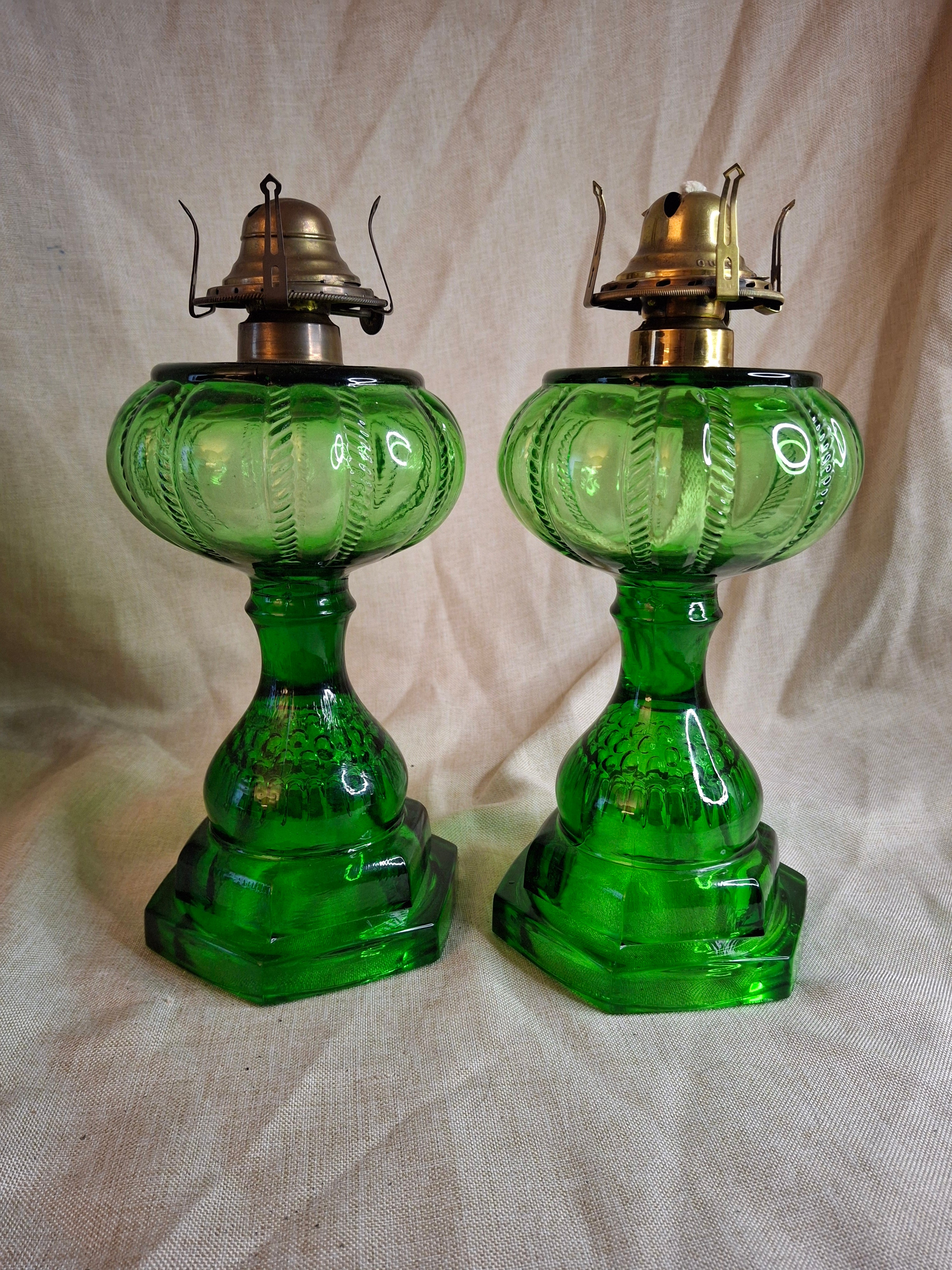 Pair Antique Emerald Green Kerosene Lamps Thousand Eye Base Rope Font EAPG 1880s