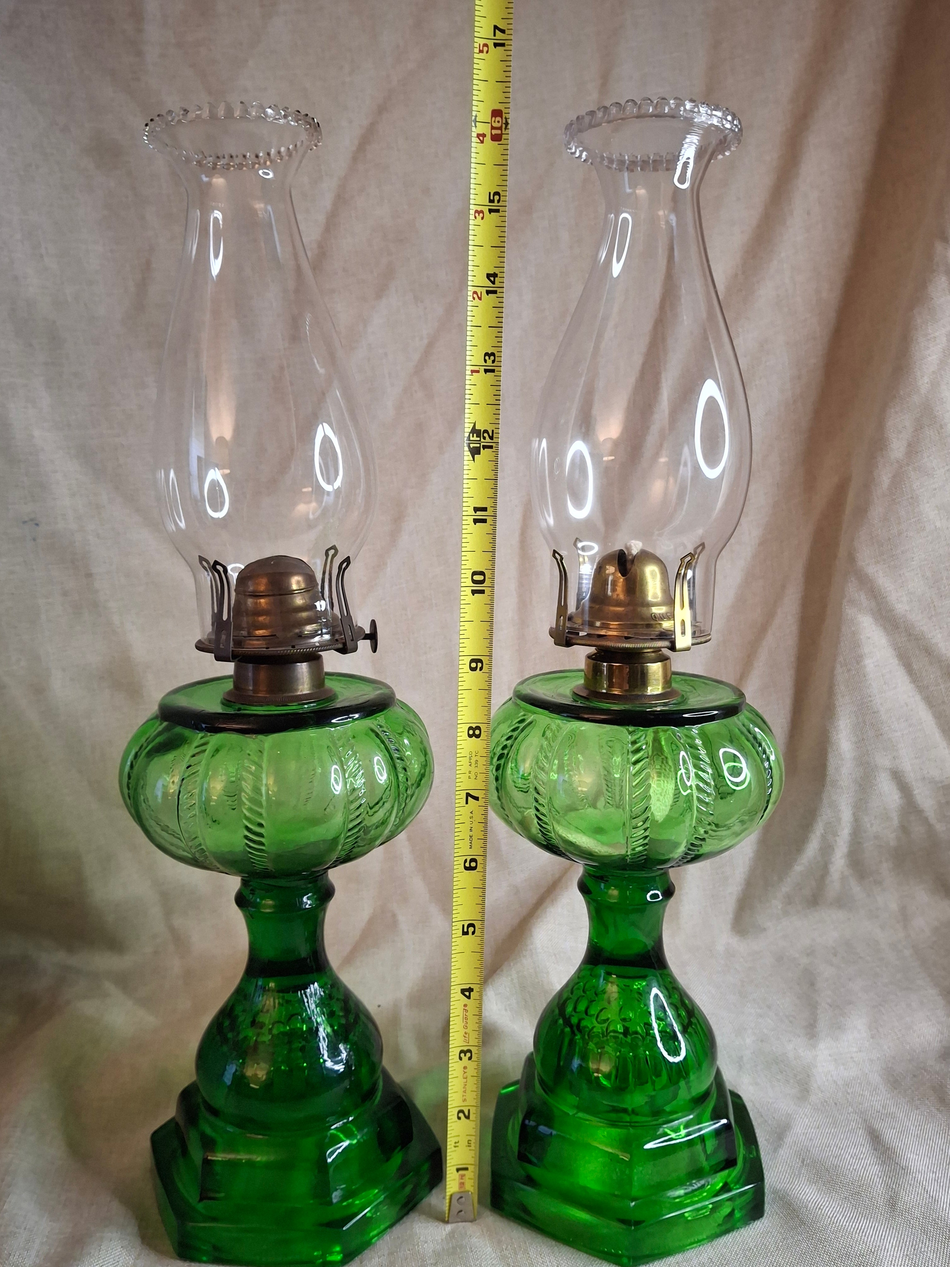 Pair Antique Emerald Green Kerosene Lamps Thousand Eye Base Rope Font EAPG 1880s