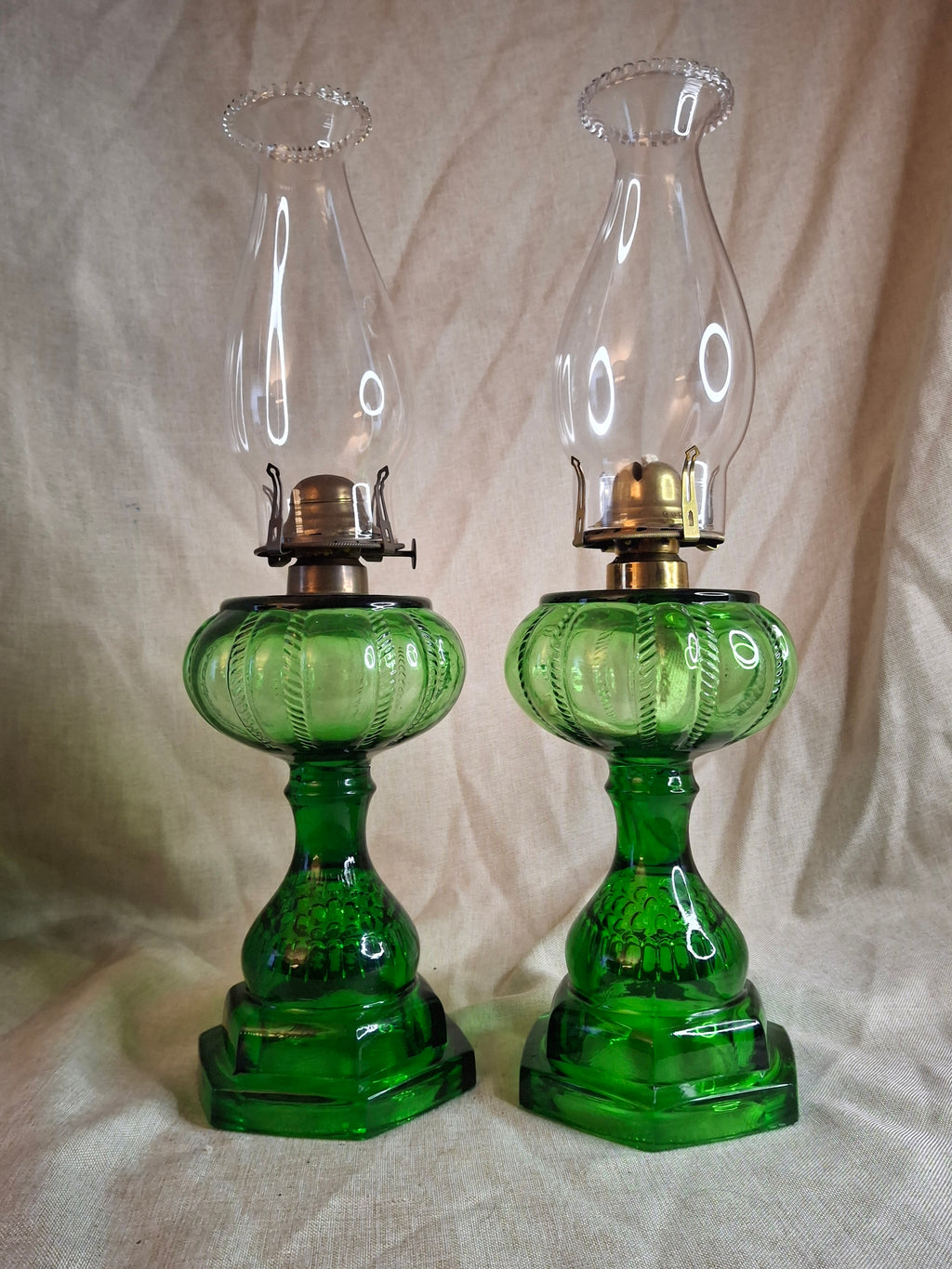 Pair Antique Emerald Green Kerosene Lamps Thousand Eye Base Rope Font EAPG 1880s