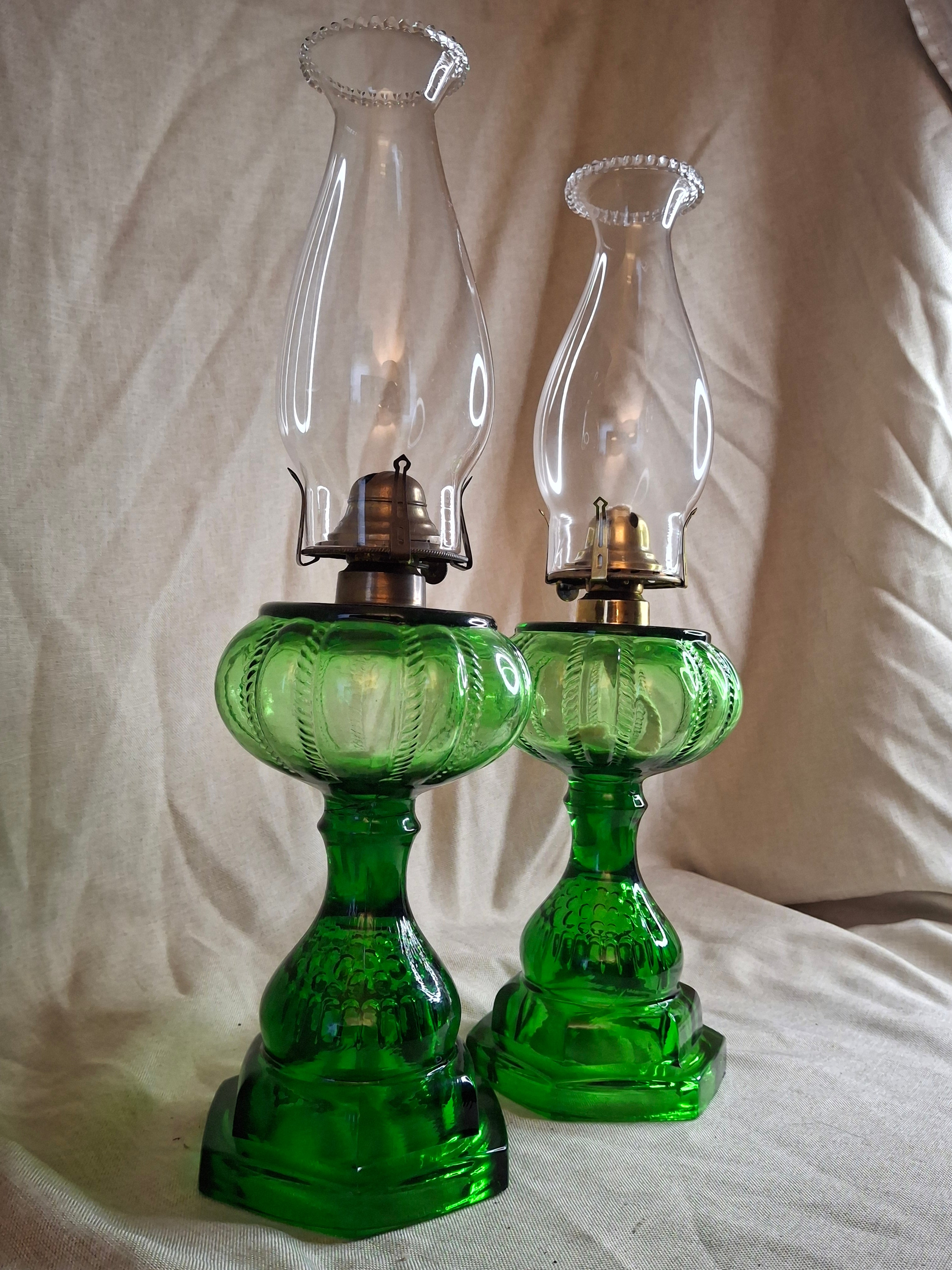 Pair Antique Emerald Green Kerosene Lamps Thousand Eye Base Rope Font EAPG 1880s