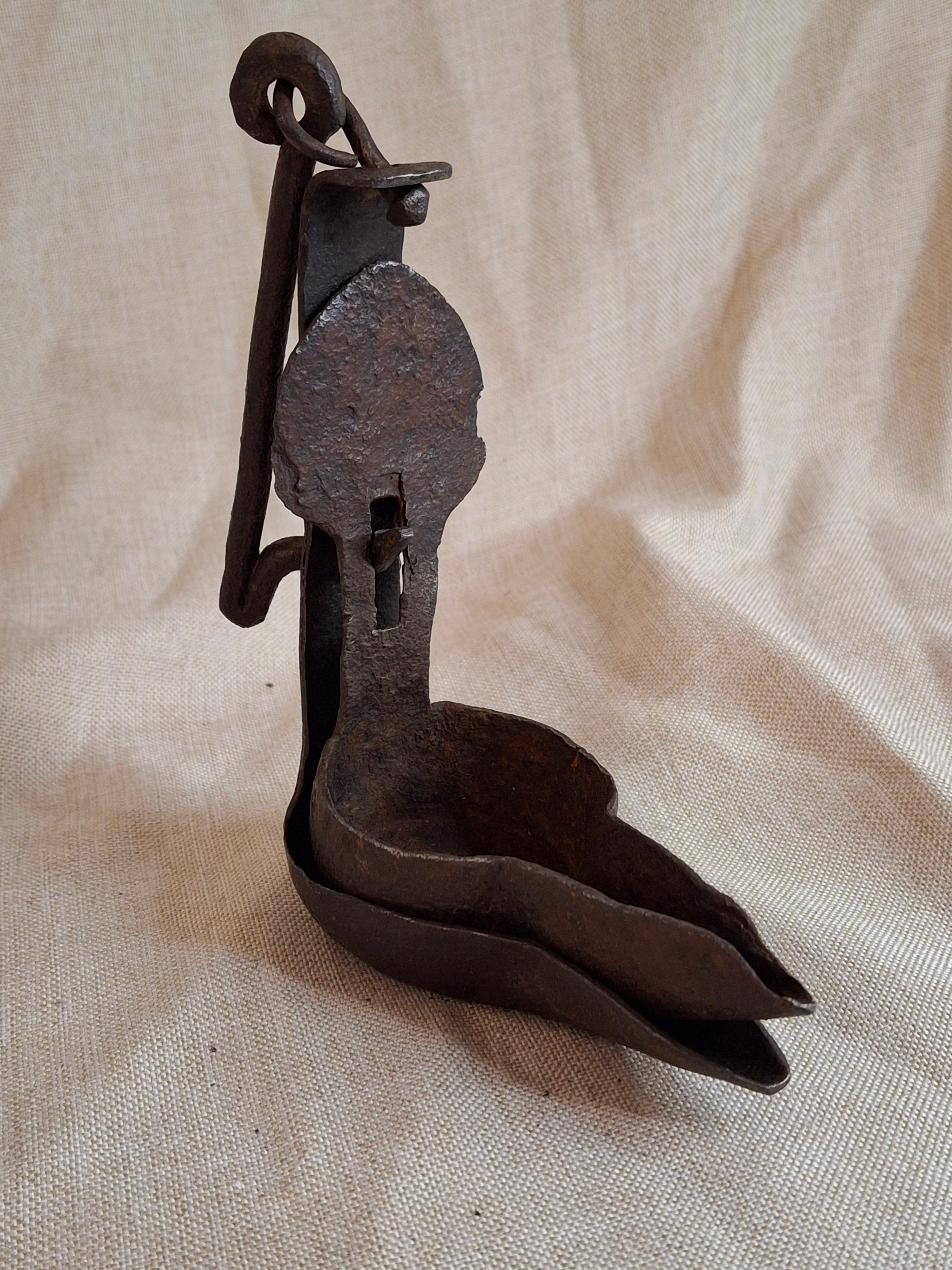 18th Century Wrought Iron Double Crusie Phoebe Lamp - Early American Primitive Lighting