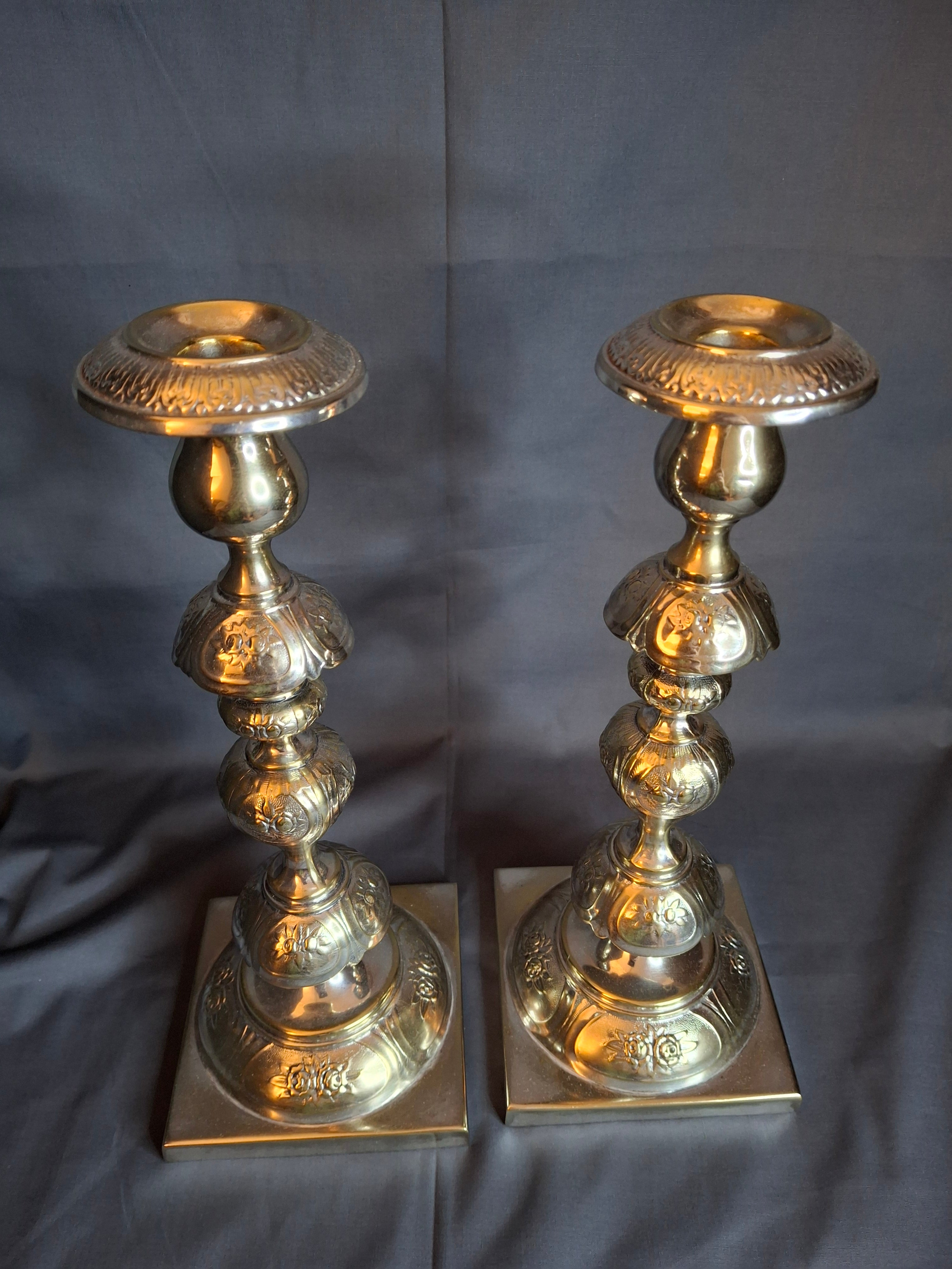 Antique Fraget Warsaw Shabbat Candlesticks Pair No. 4214 Polish Silver Plate 11"