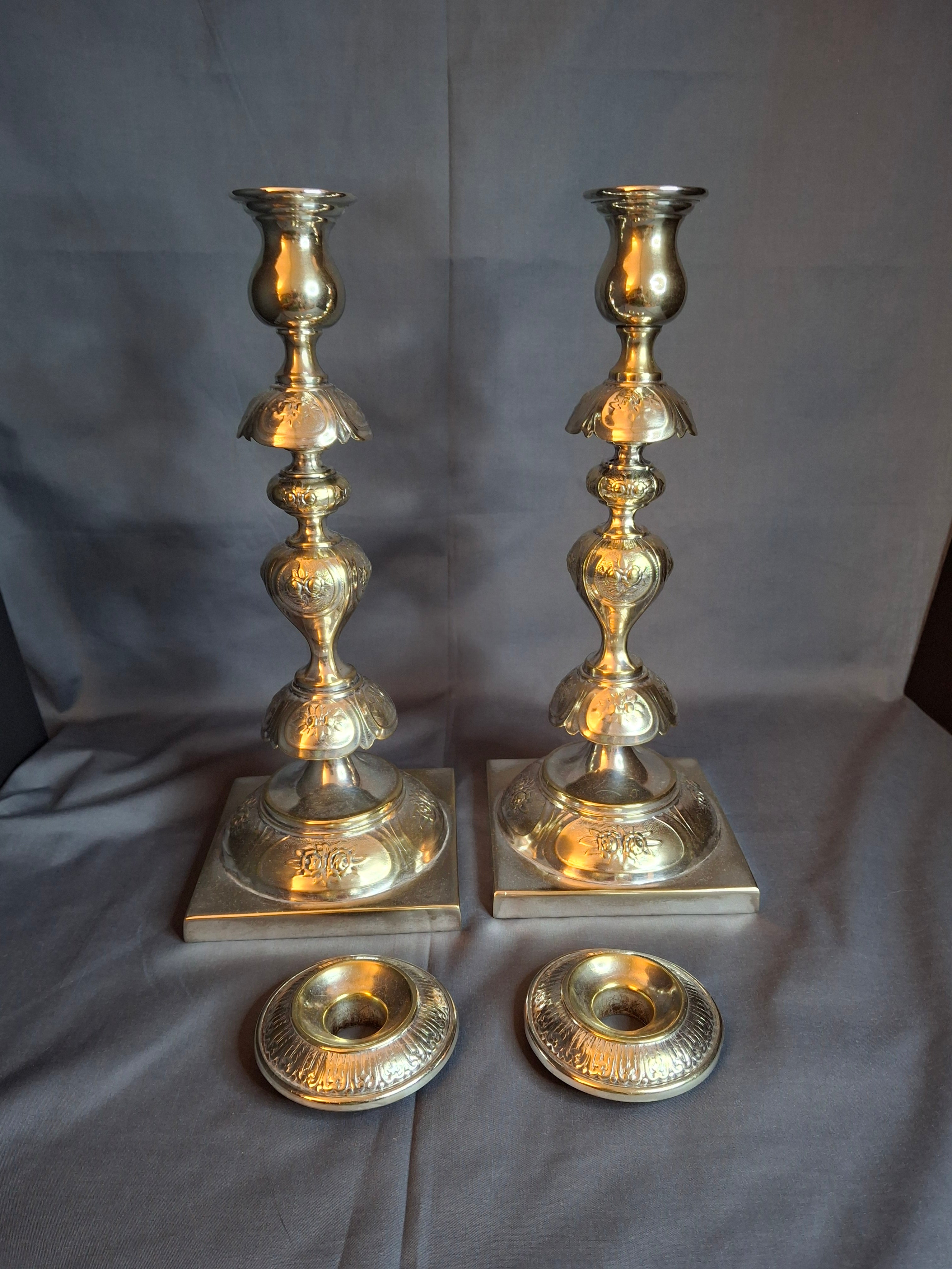 Antique Fraget Warsaw Shabbat Candlesticks Pair No. 4214 Polish Silver Plate 11"