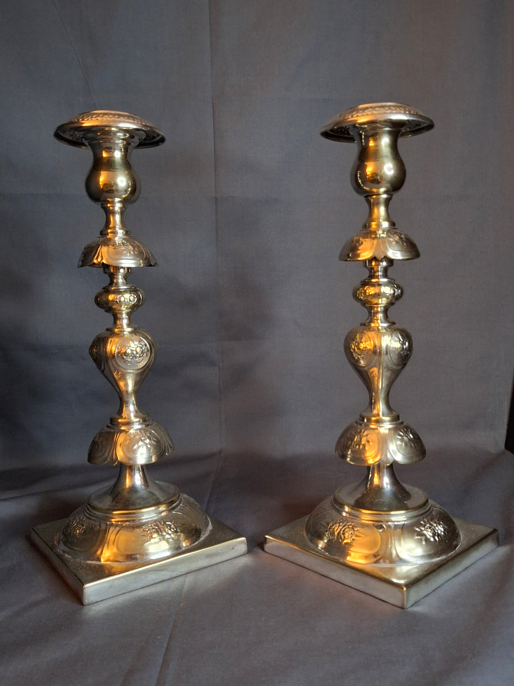 Antique Fraget Warsaw Shabbat Candlesticks Pair No. 4214 Polish Silver Plate 11"