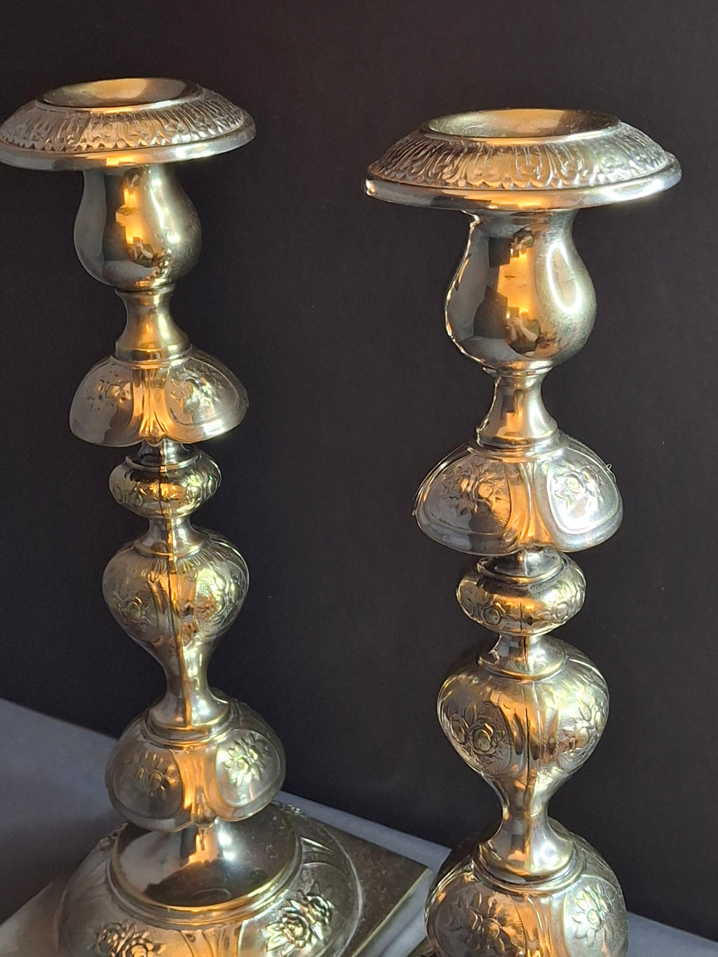 Antique Fraget Warsaw Shabbat Candlesticks Pair No. 4214 Polish Silver Plate 11"
