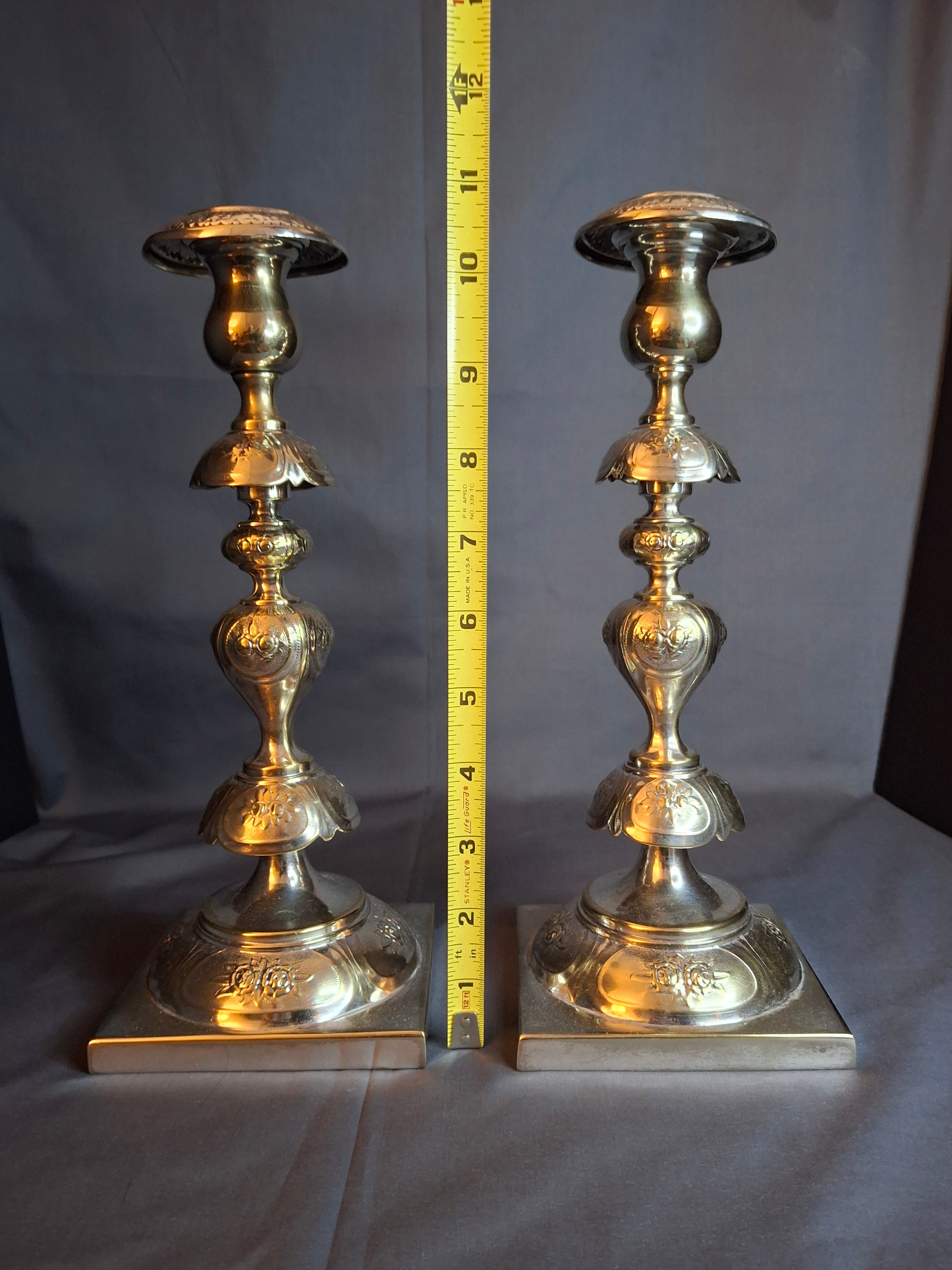 Antique Fraget Warsaw Shabbat Candlesticks Pair No. 4214 Polish Silver Plate 11"