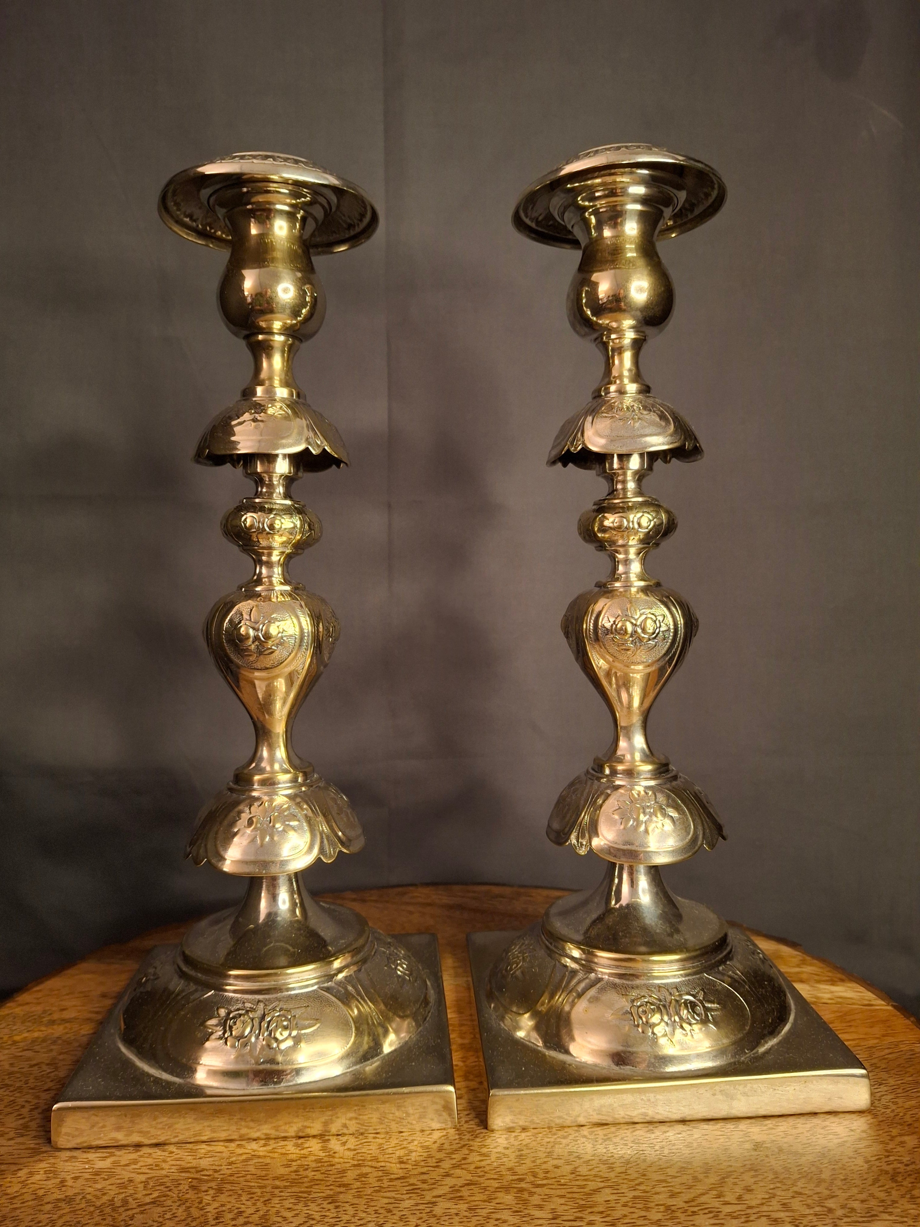 Antique Fraget Warsaw Shabbat Candlesticks Pair No. 4214 Polish Silver Plate 11"