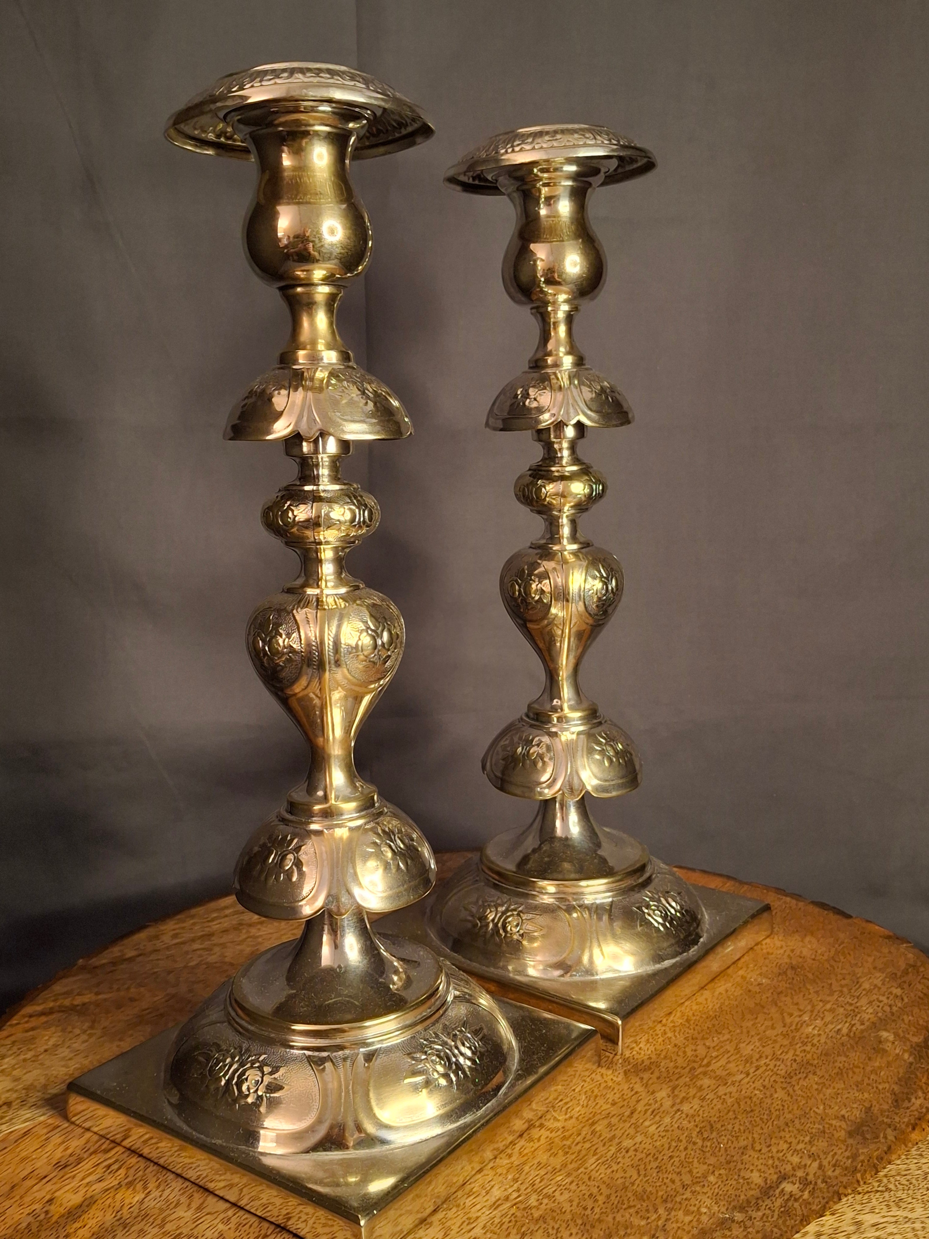 Antique Fraget Warsaw Shabbat Candlesticks Pair No. 4214 Polish Silver Plate 11"