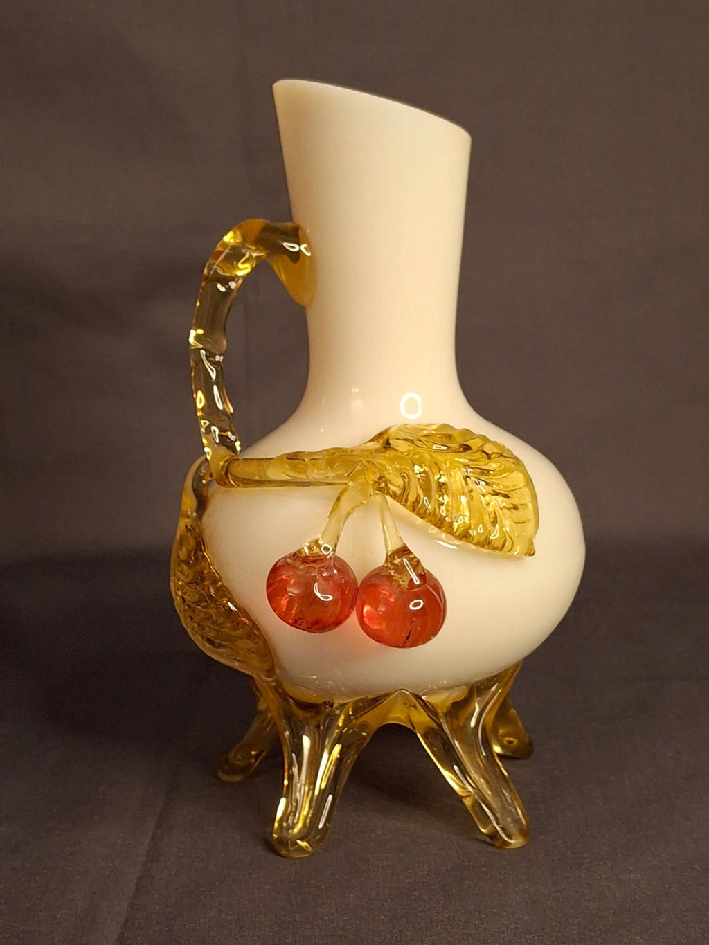 Antique Stevens & Williams Custard Uranium Glass Vase Applied Cherries Victorian c. 1880s