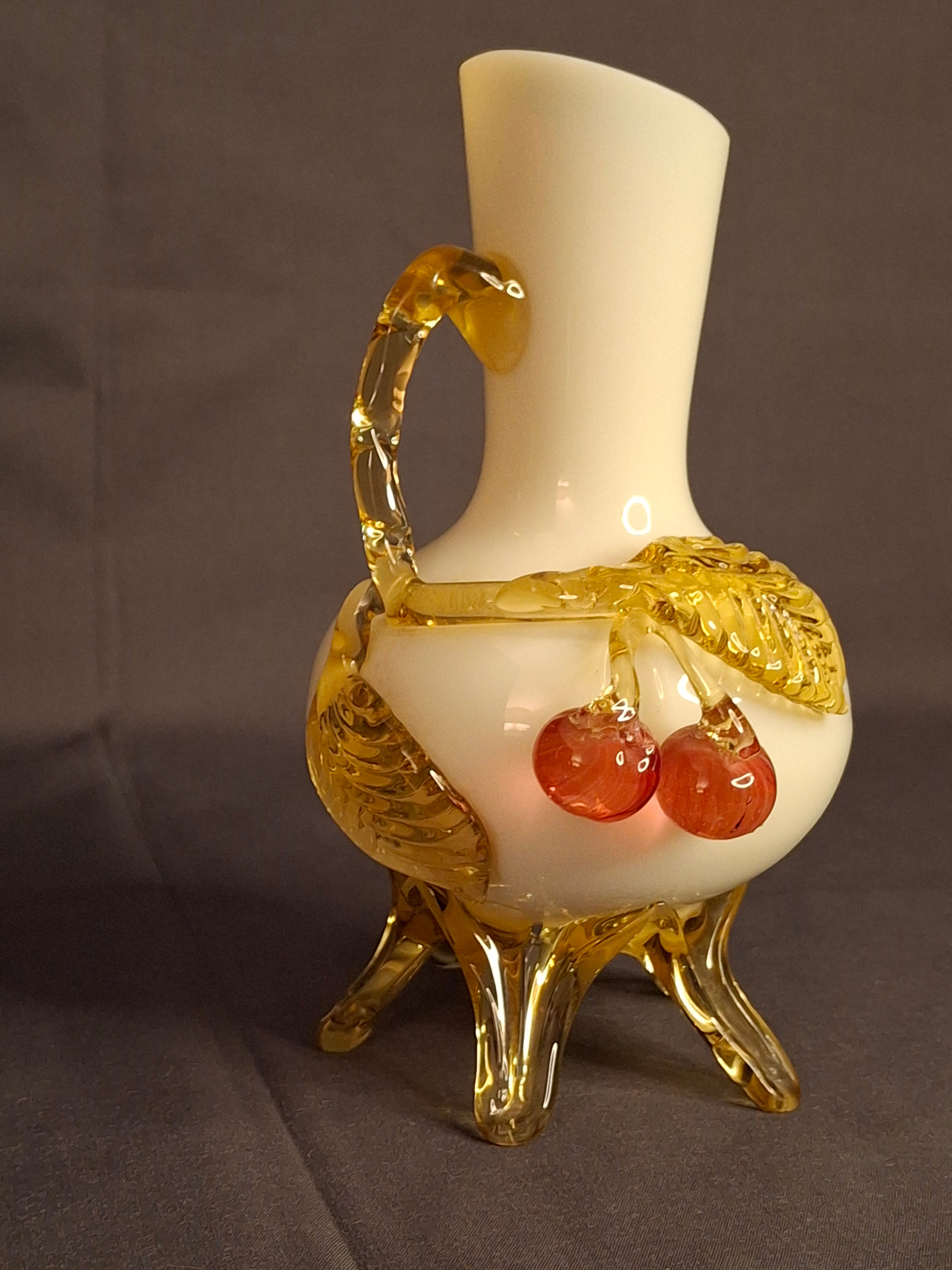 Antique Stevens & Williams Custard Uranium Glass Vase Applied Cherries Victorian c. 1880s