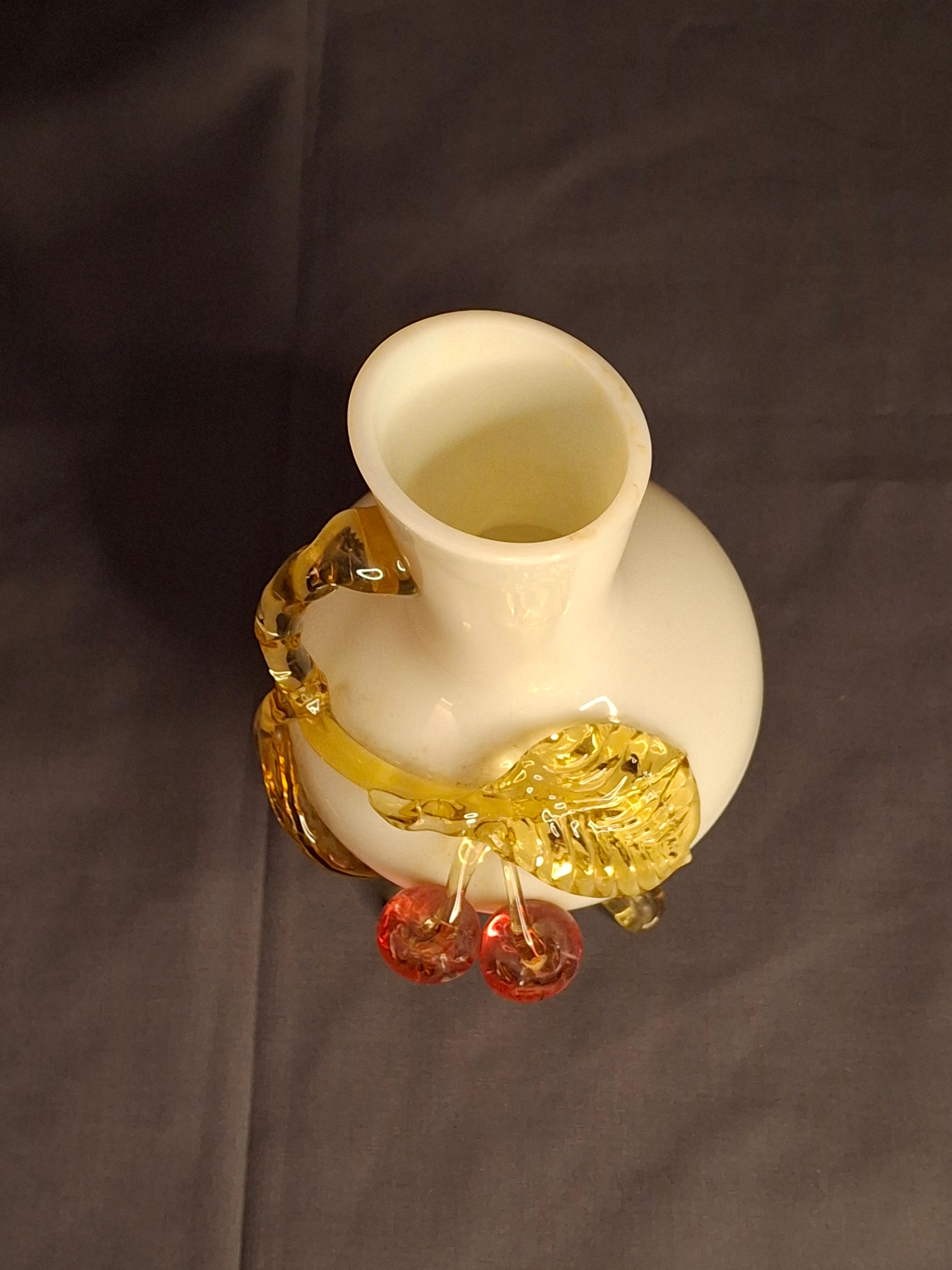 Antique Stevens & Williams Custard Uranium Glass Vase Applied Cherries Victorian c. 1880s