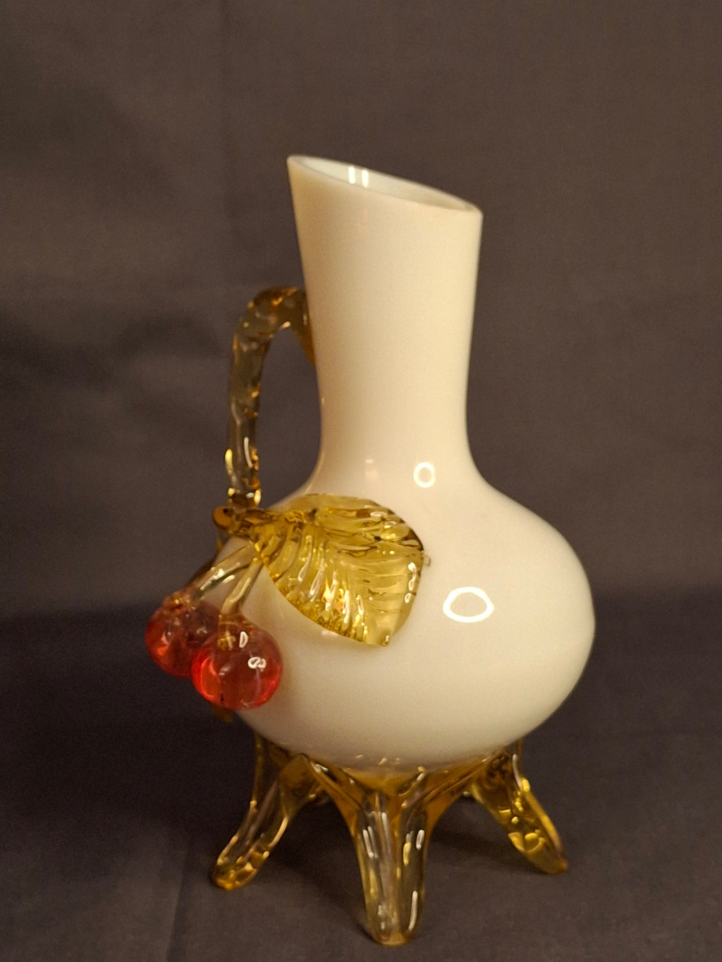 Antique Stevens & Williams Custard Uranium Glass Vase Applied Cherries Victorian c. 1880s