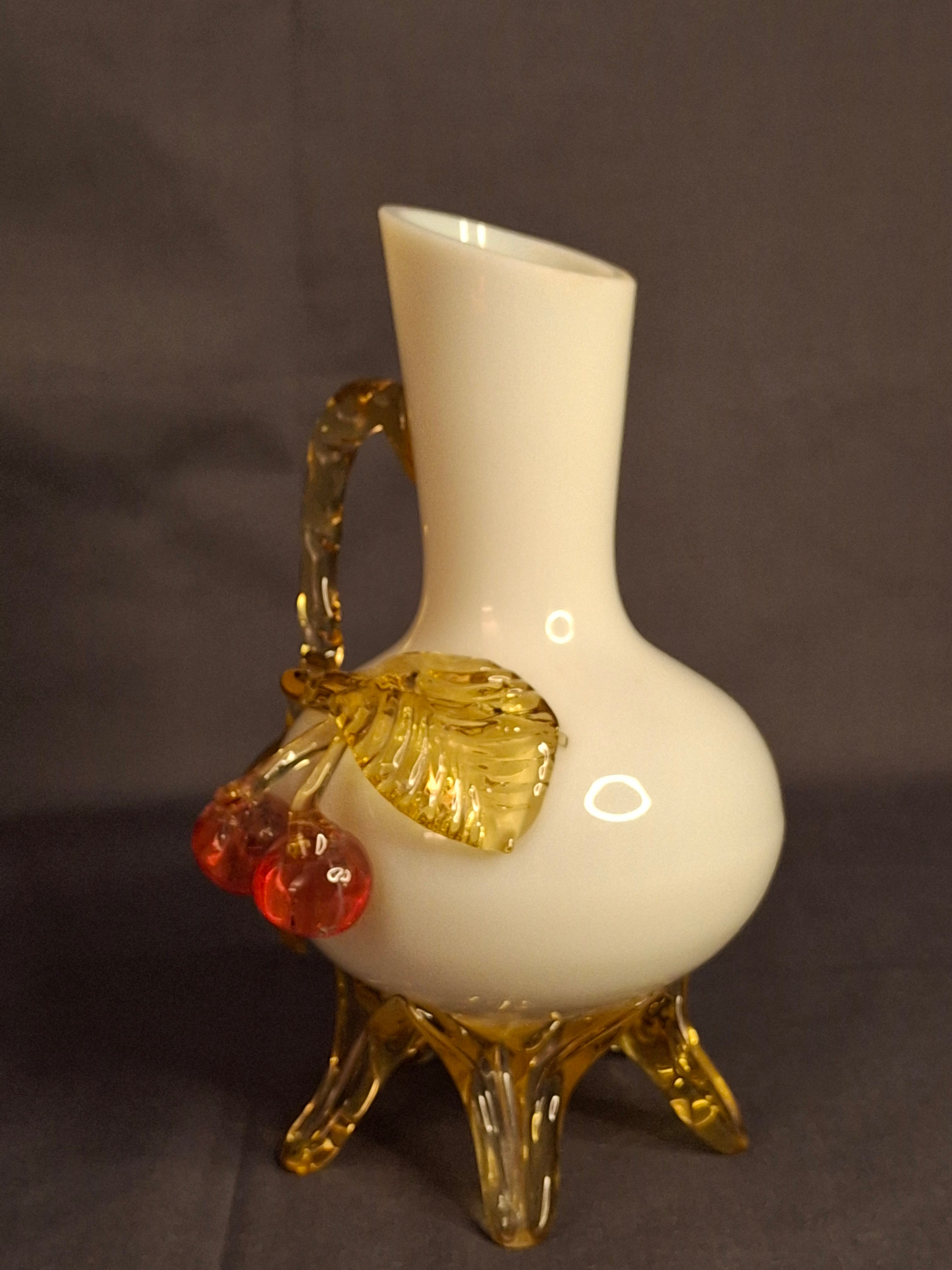 Antique Stevens & Williams Custard Uranium Glass Vase Applied Cherries Victorian c. 1880s