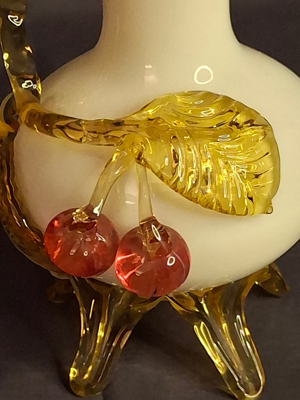 Antique Stevens & Williams Custard Uranium Glass Vase Applied Cherries Victorian c. 1880s