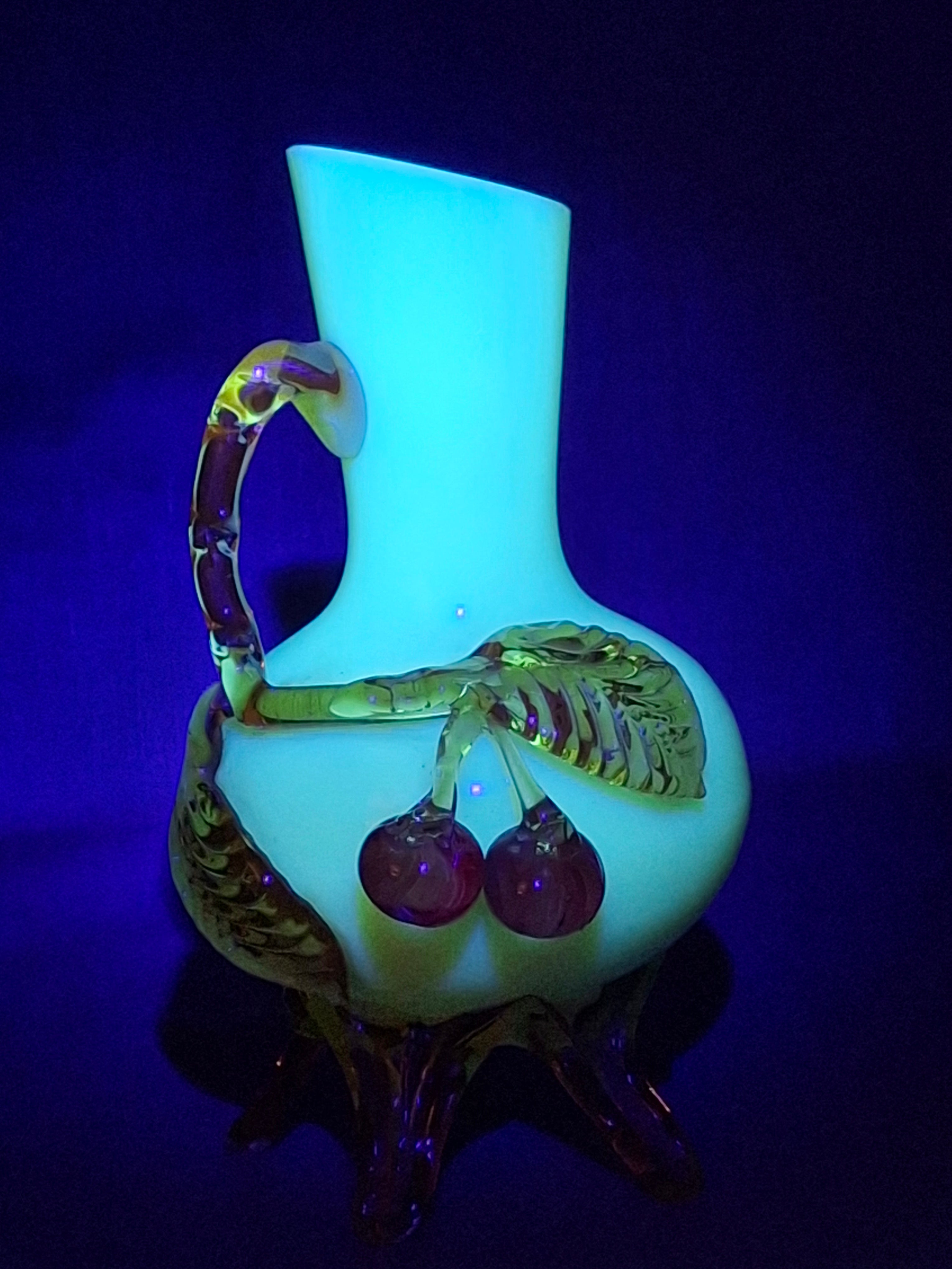 Antique Stevens & Williams Custard Uranium Glass Vase Applied Cherries Victorian c. 1880s