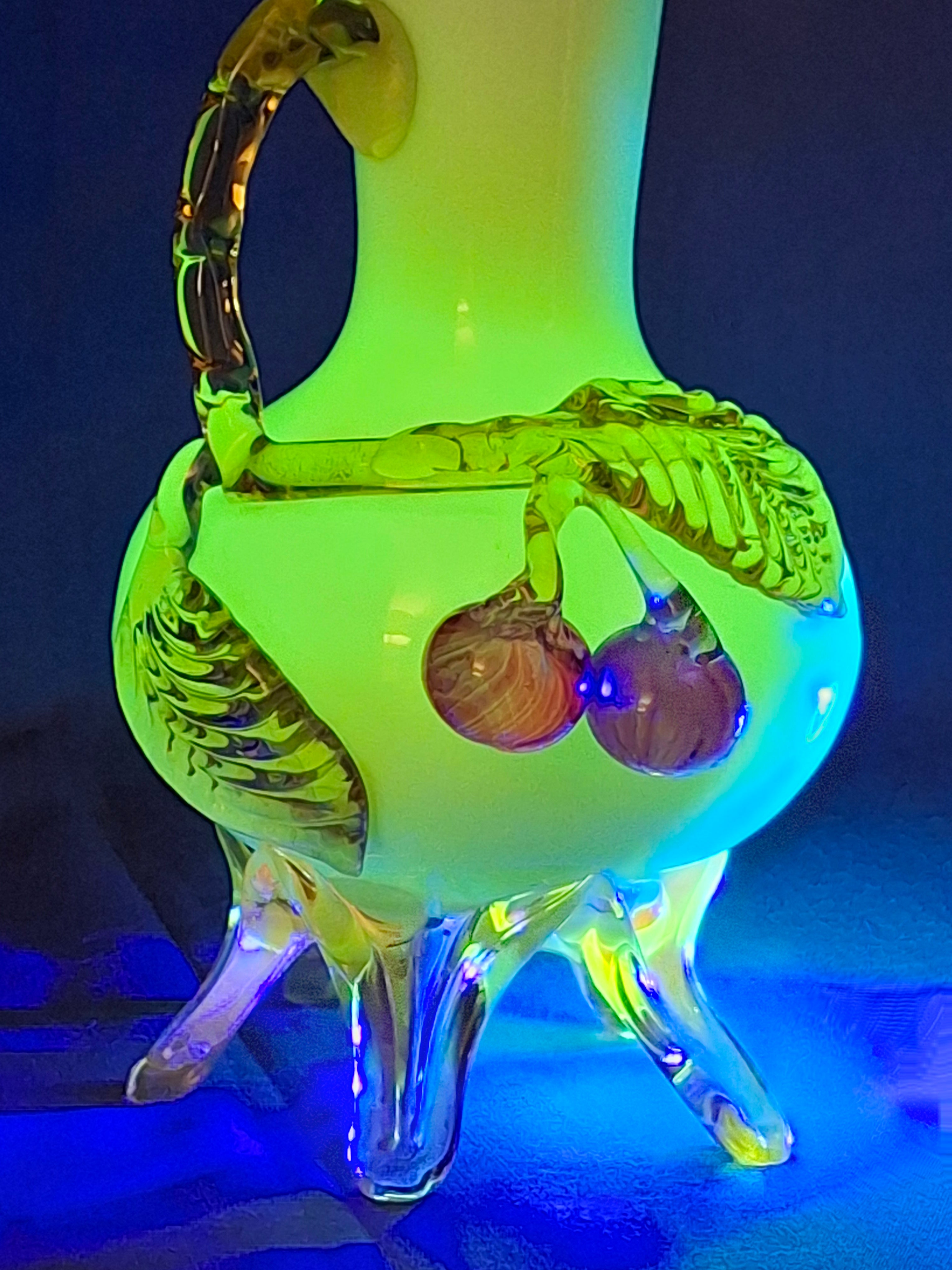 Antique Stevens & Williams Custard Uranium Glass Vase Applied Cherries Victorian c. 1880s