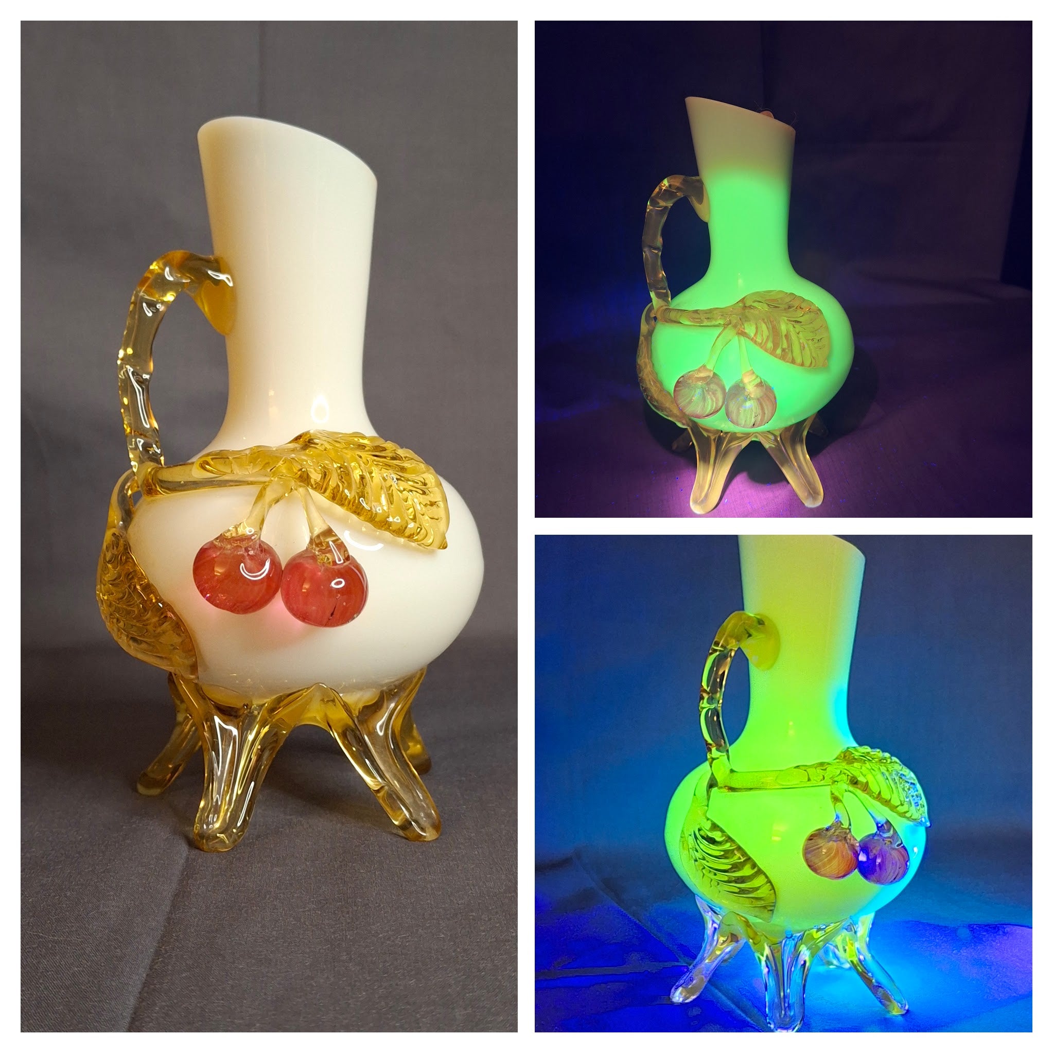 Antique Stevens & Williams Custard Uranium Glass Vase Applied Cherries Victorian c. 1880s