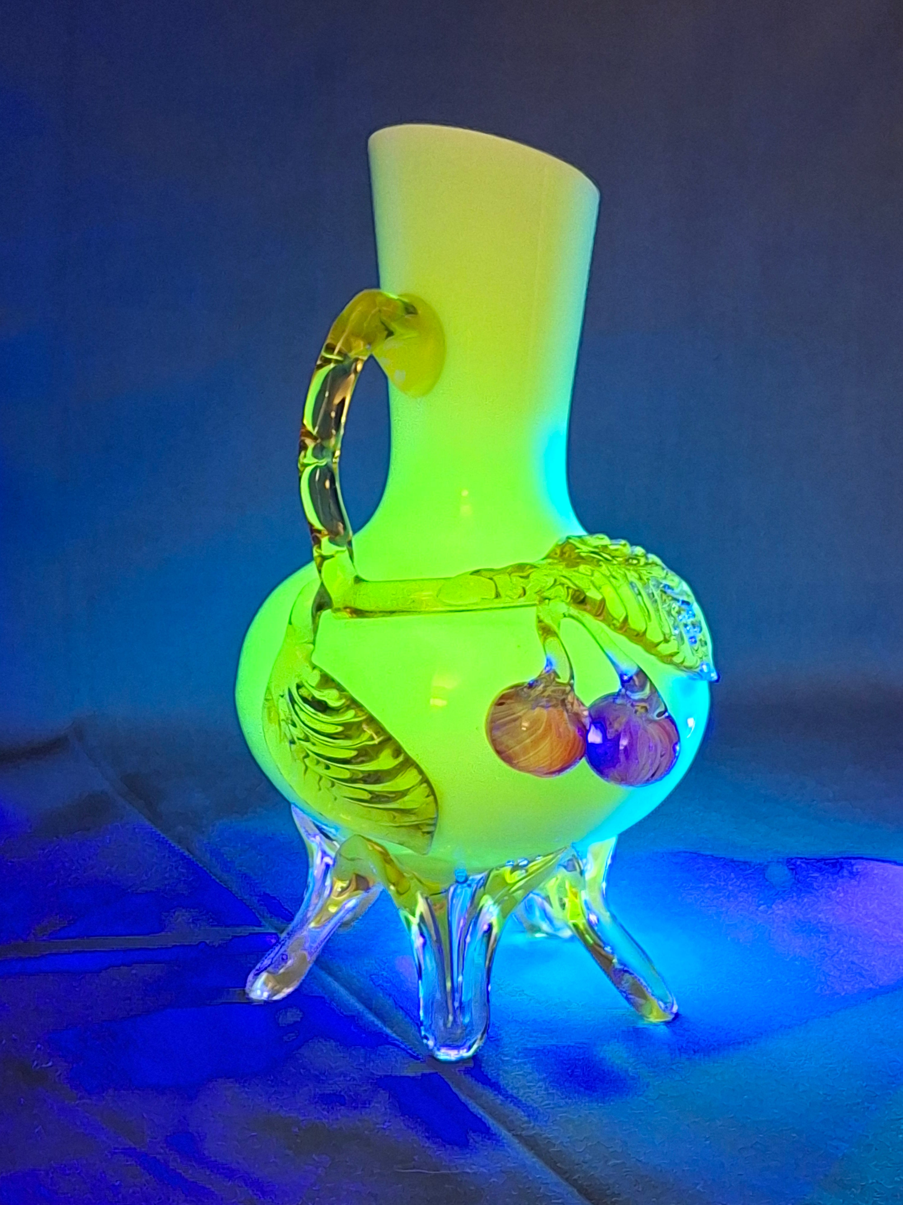 Antique Stevens & Williams Custard Uranium Glass Vase Applied Cherries Victorian c. 1880s