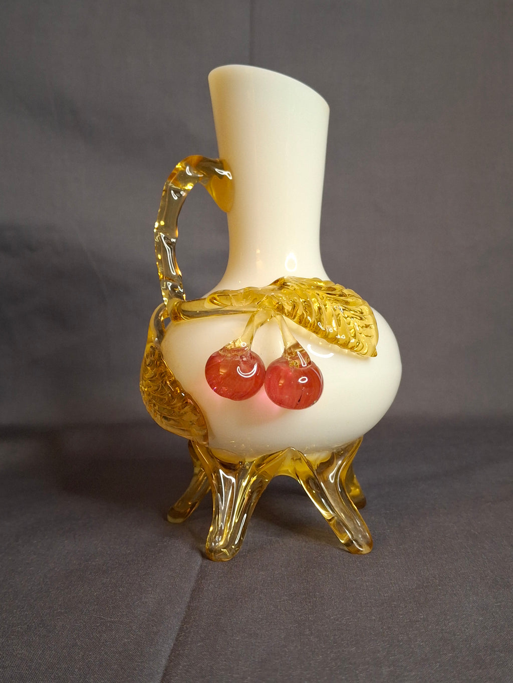 Antique Stevens & Williams Custard Uranium Glass Vase Applied Cherries Victorian c. 1880s
