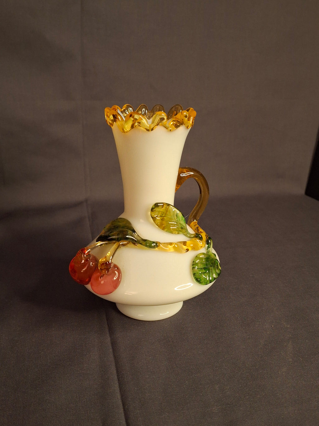 Antique Stevens & Williams Uranium Custard Glass Vase Applied Fruit Cherries 5" C. 1880