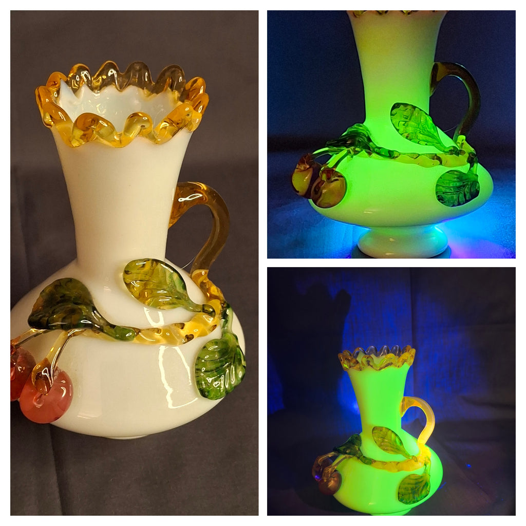 Antique Stevens & Williams Uranium Custard Glass Vase Applied Fruit Cherries 5" C. 1880