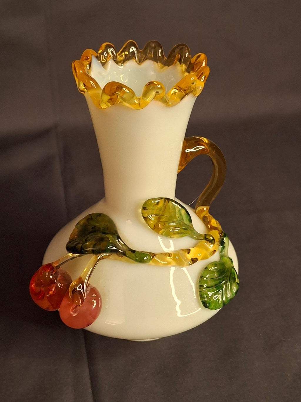Antique Stevens & Williams Uranium Custard Glass Vase Applied Fruit Cherries 5" C. 1880