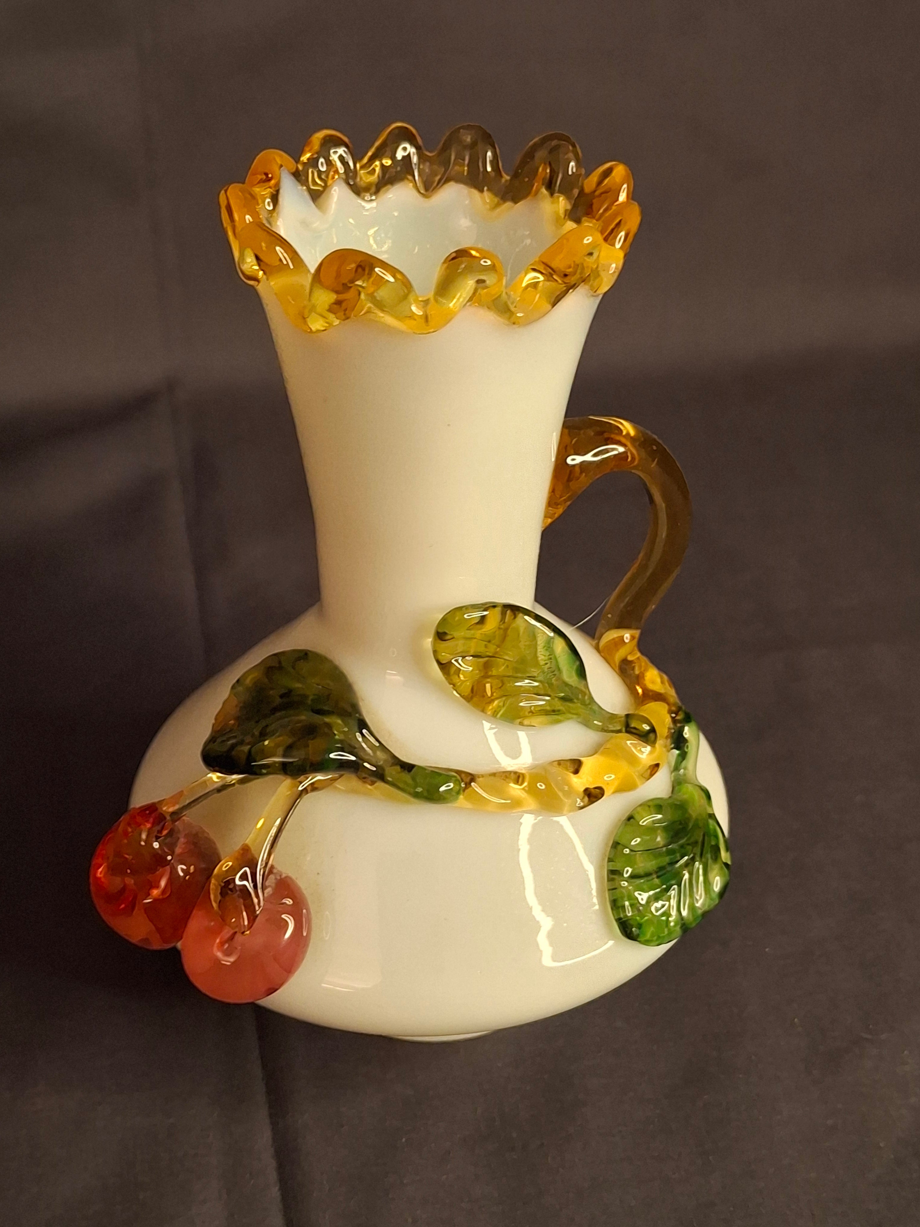 Antique Stevens & Williams Uranium Custard Glass Vase Applied Fruit Cherries 5" C. 1880