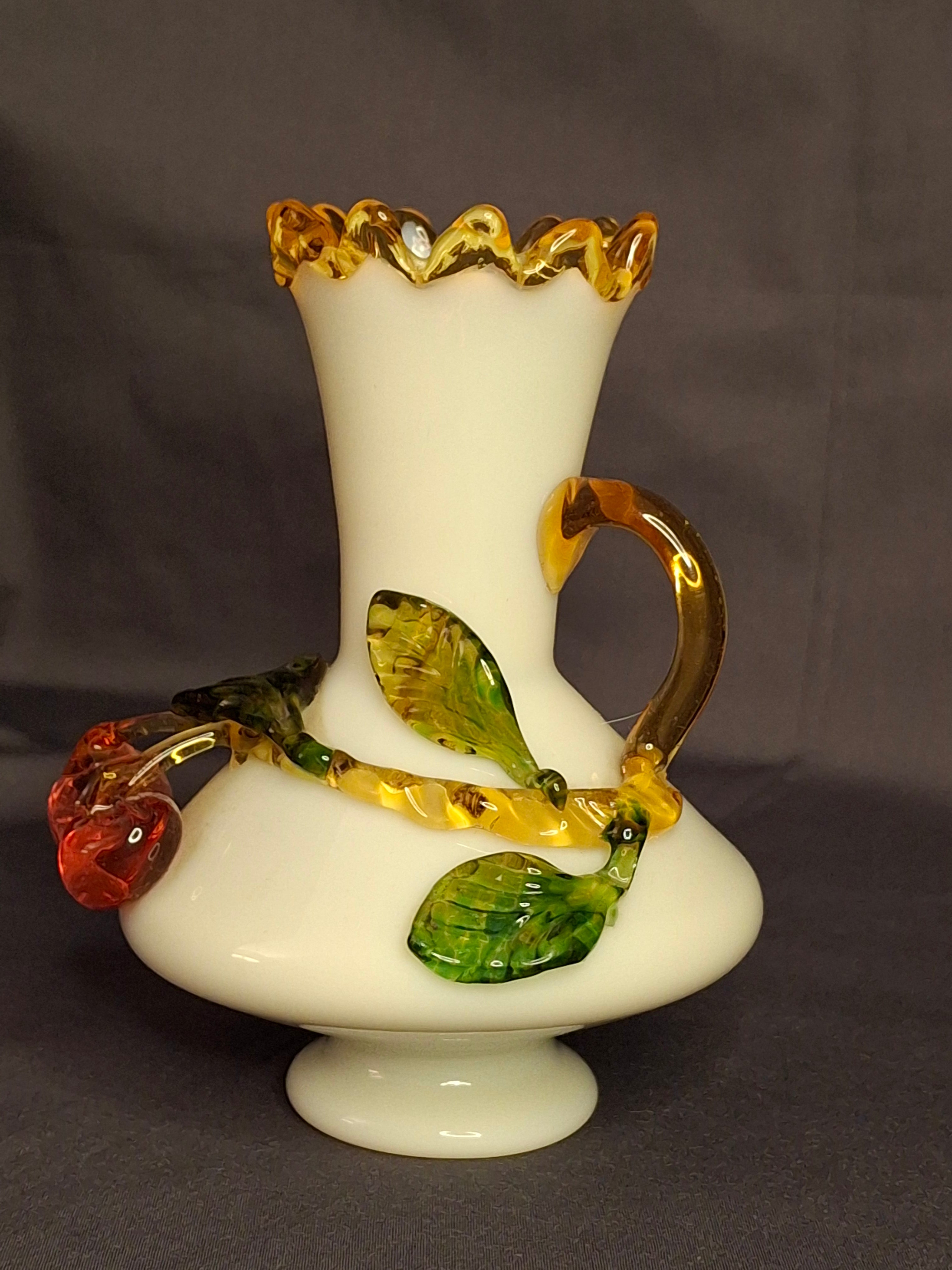 Antique Stevens & Williams Uranium Custard Glass Vase Applied Fruit Cherries 5" C. 1880