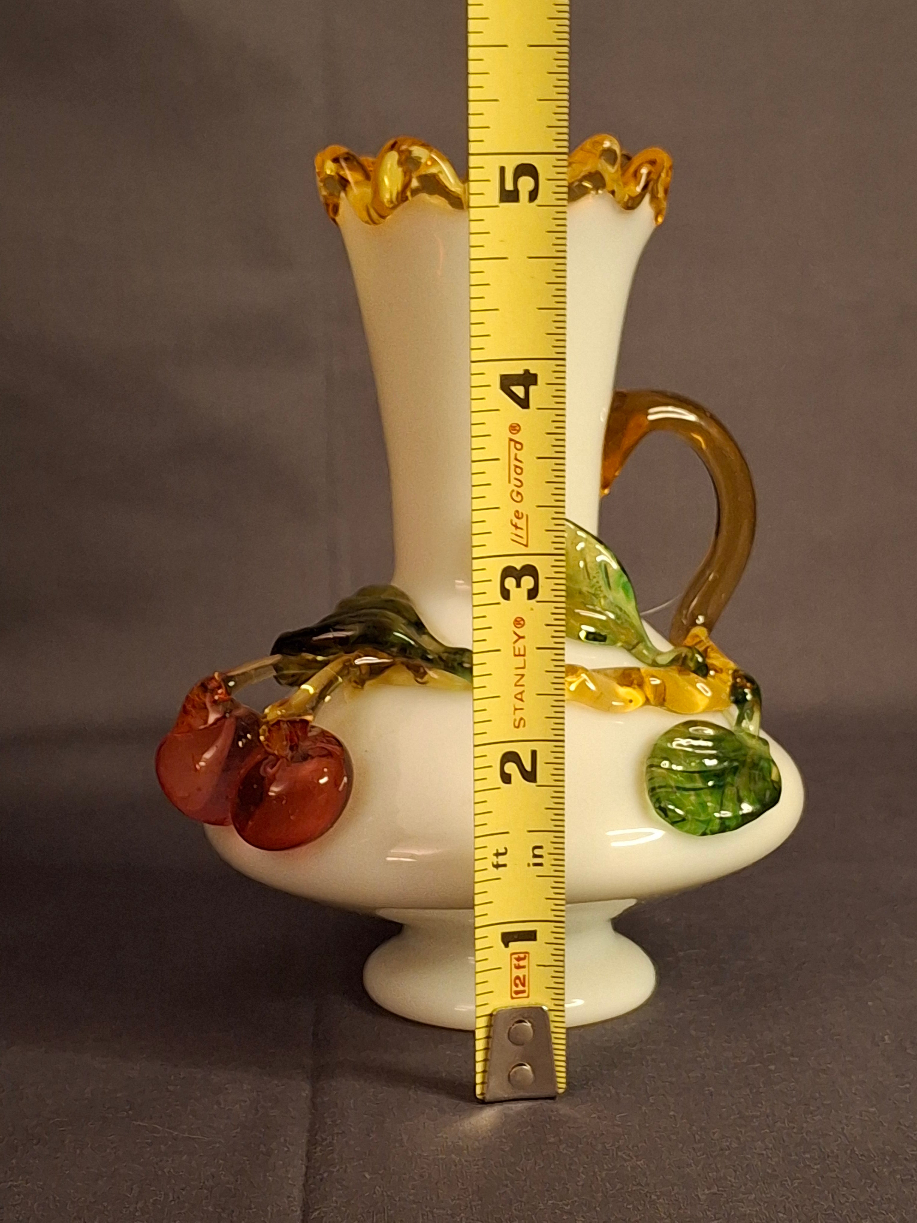 Antique Stevens & Williams Uranium Custard Glass Vase Applied Fruit Cherries 5" C. 1880