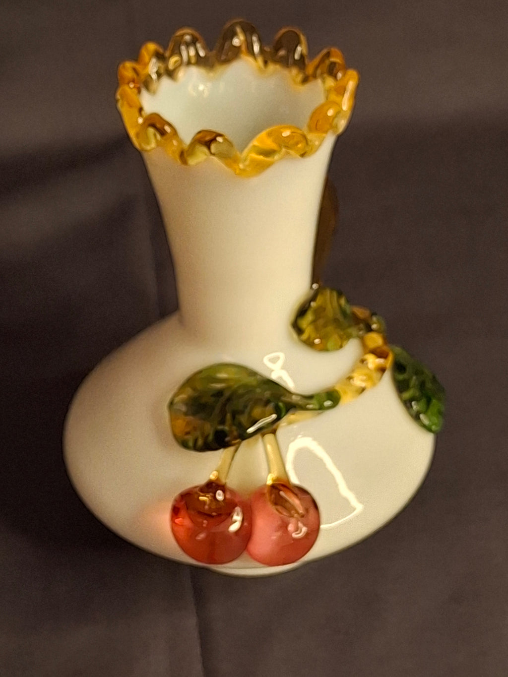 Antique Stevens & Williams Uranium Custard Glass Vase Applied Fruit Cherries 5" C. 1880