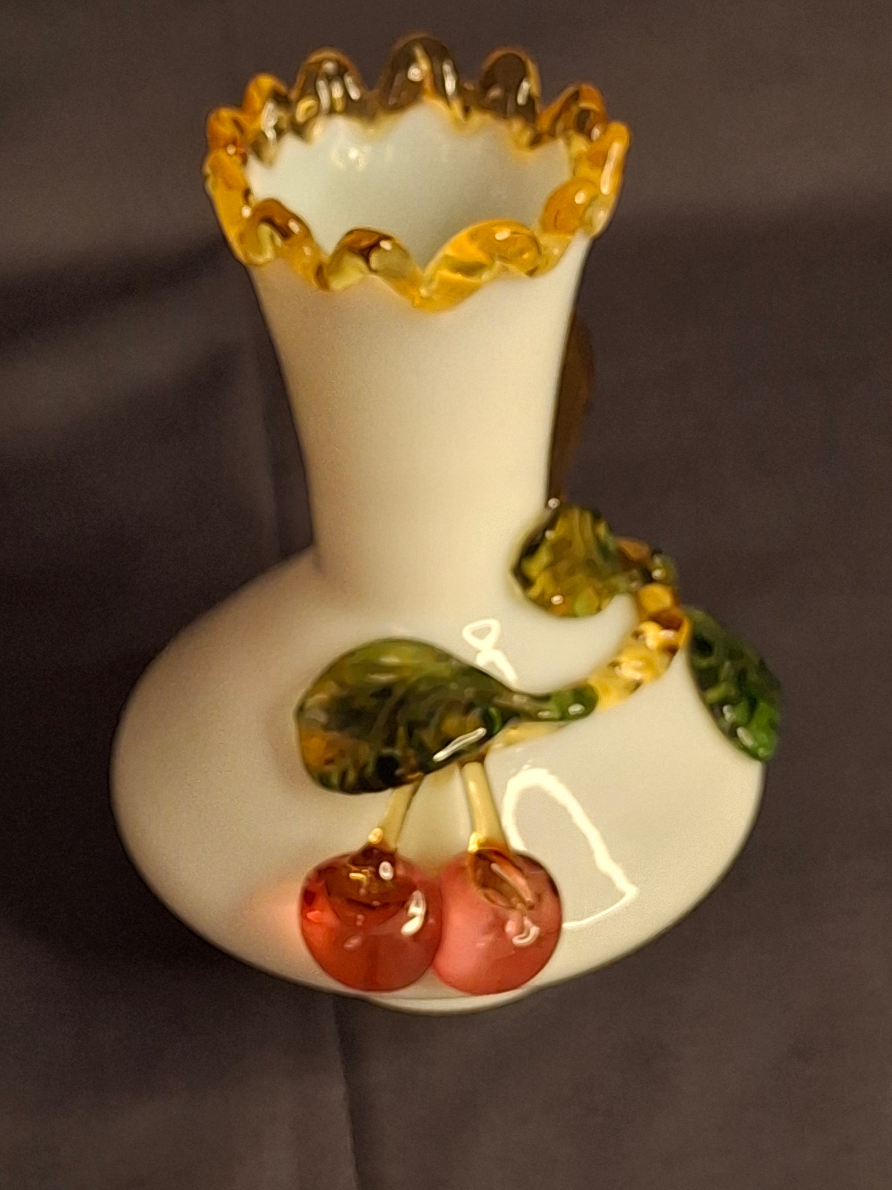 Antique Stevens & Williams Uranium Custard Glass Vase Applied Fruit Cherries 5" C. 1880