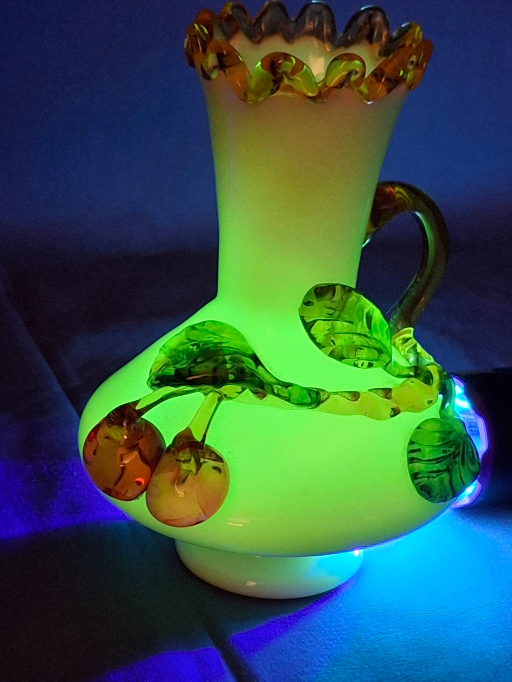 Antique Stevens & Williams Uranium Custard Glass Vase Applied Fruit Cherries 5" C. 1880