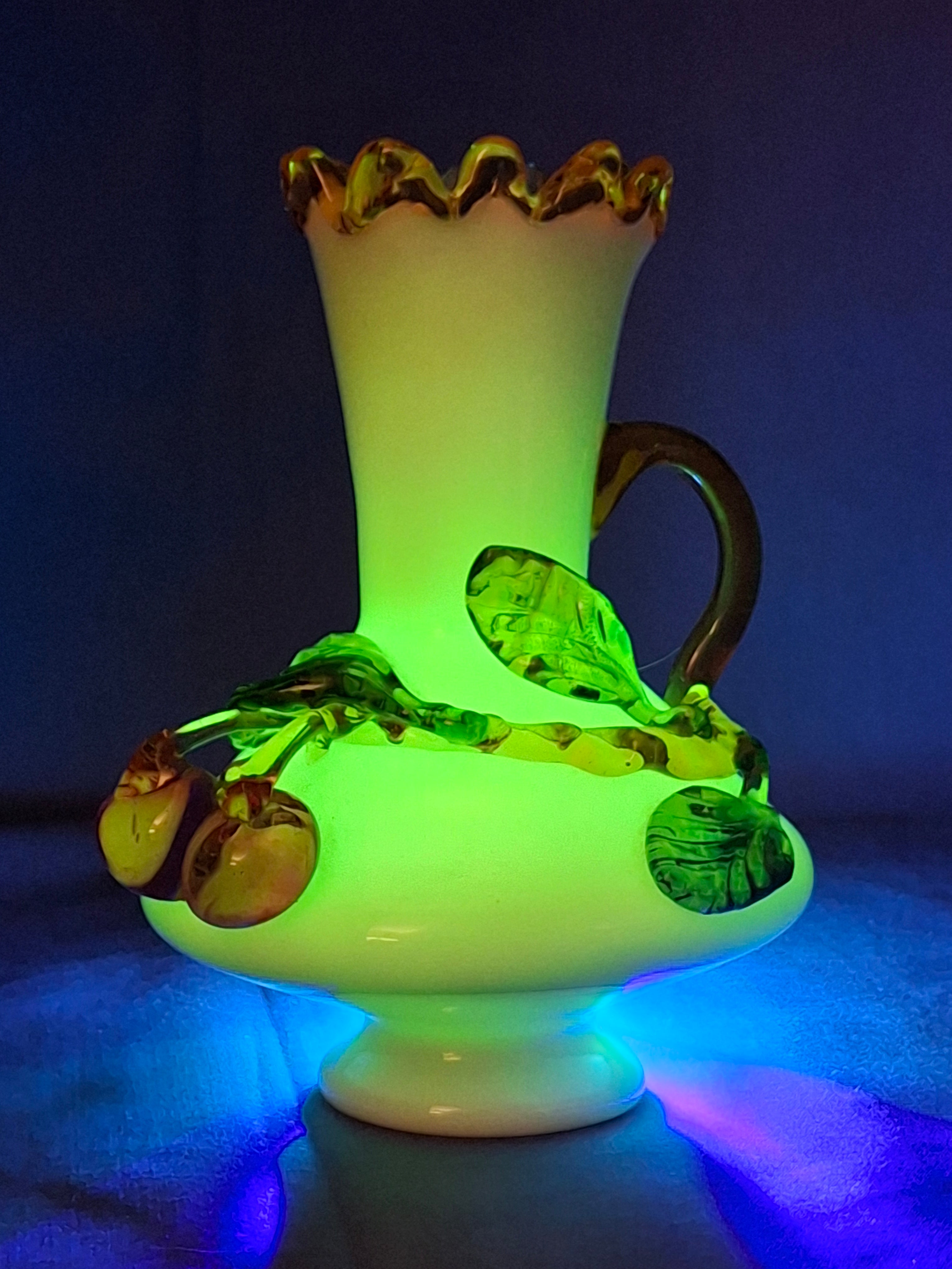 Antique Stevens & Williams Uranium Custard Glass Vase Applied Fruit Cherries 5" C. 1880