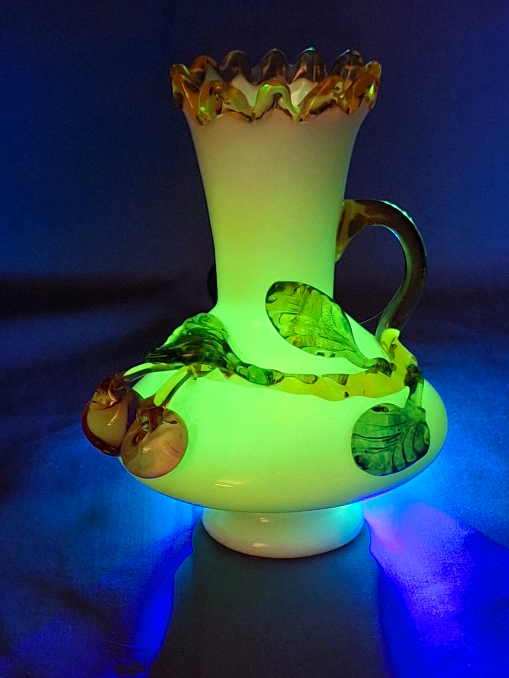 Antique Stevens & Williams Uranium Custard Glass Vase Applied Fruit Cherries 5" C. 1880