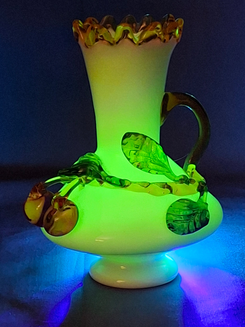 Antique Stevens & Williams Uranium Custard Glass Vase Applied Fruit Cherries 5" C. 1880