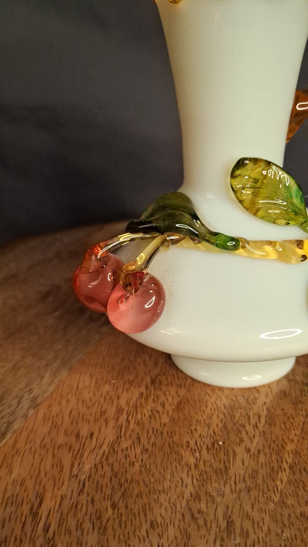 Antique Stevens & Williams Uranium Custard Glass Vase Applied Fruit Cherries 5" C. 1880