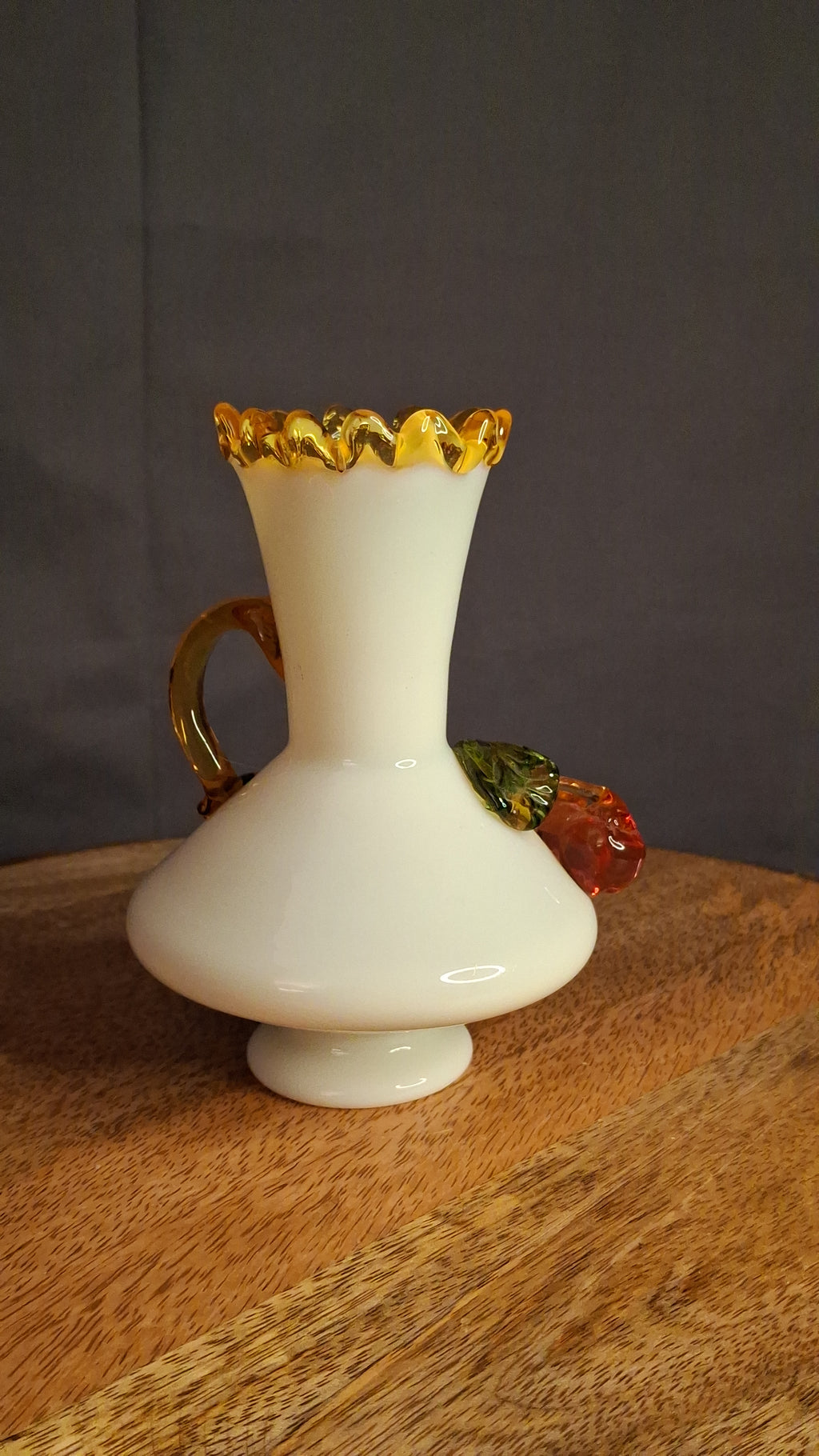 Antique Stevens & Williams Uranium Custard Glass Vase Applied Fruit Cherries 5" C. 1880