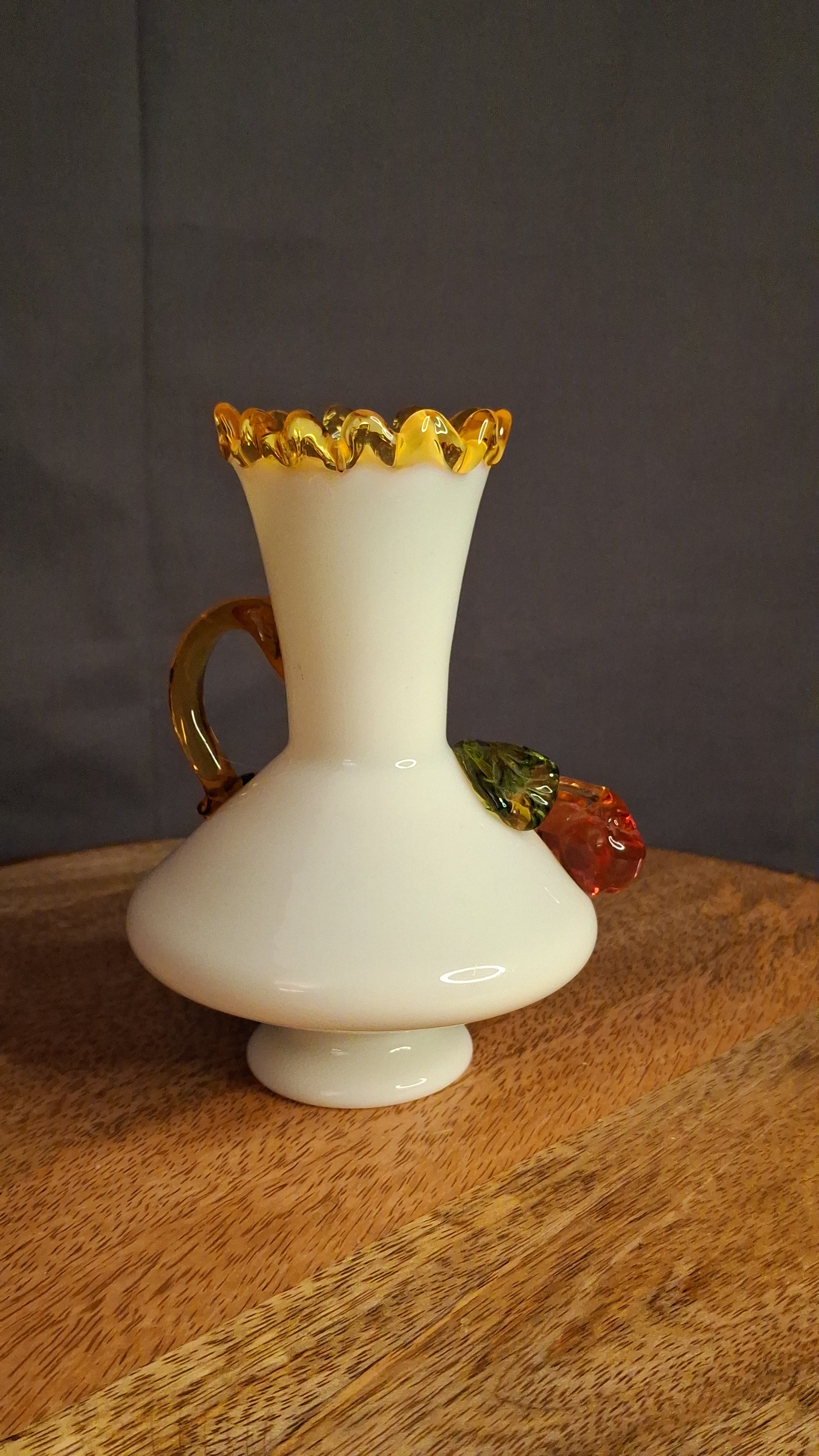 Antique Stevens & Williams Uranium Custard Glass Vase Applied Fruit Cherries 5" C. 1880