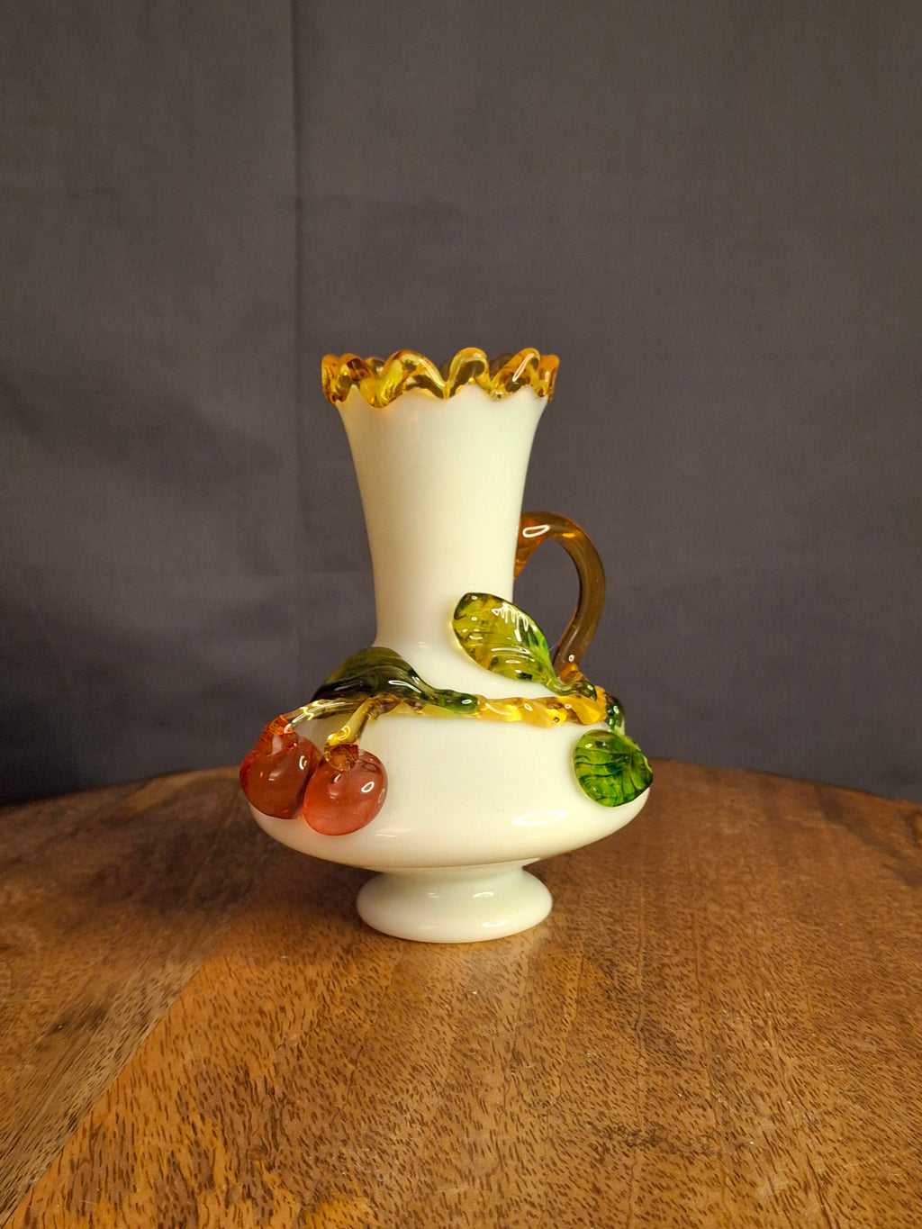 Antique Stevens & Williams Uranium Custard Glass Vase Applied Fruit Cherries 5" C. 1880