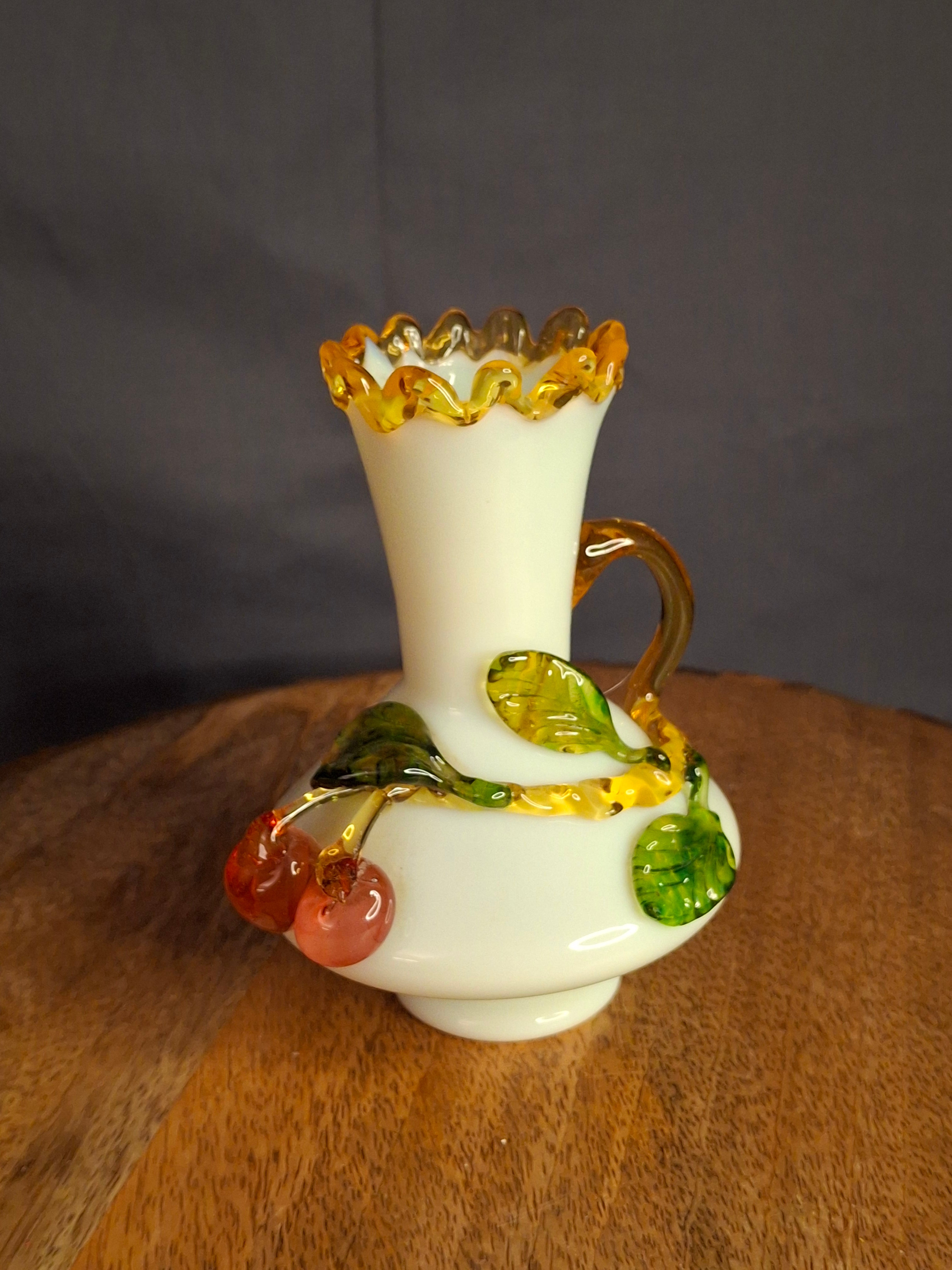 Antique Stevens & Williams Uranium Custard Glass Vase Applied Fruit Cherries 5" C. 1880