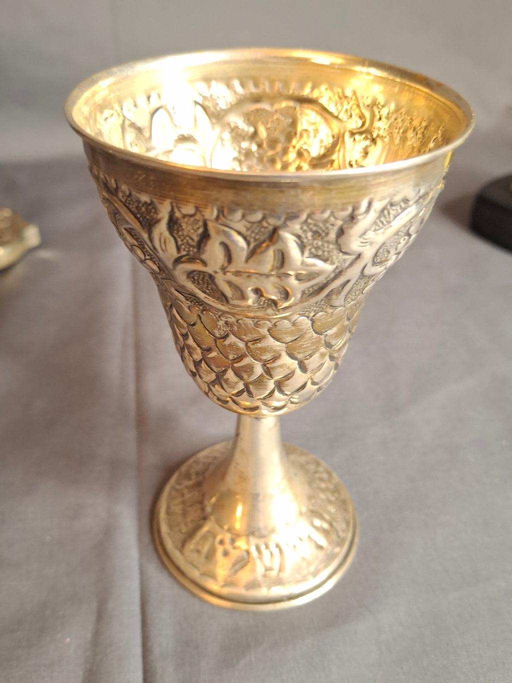 Vintage Bier Jerusalem Solid Silver Kiddush Cup - Hand-Chased Repoussé Grapes - Artisan "Ben" Hallmark