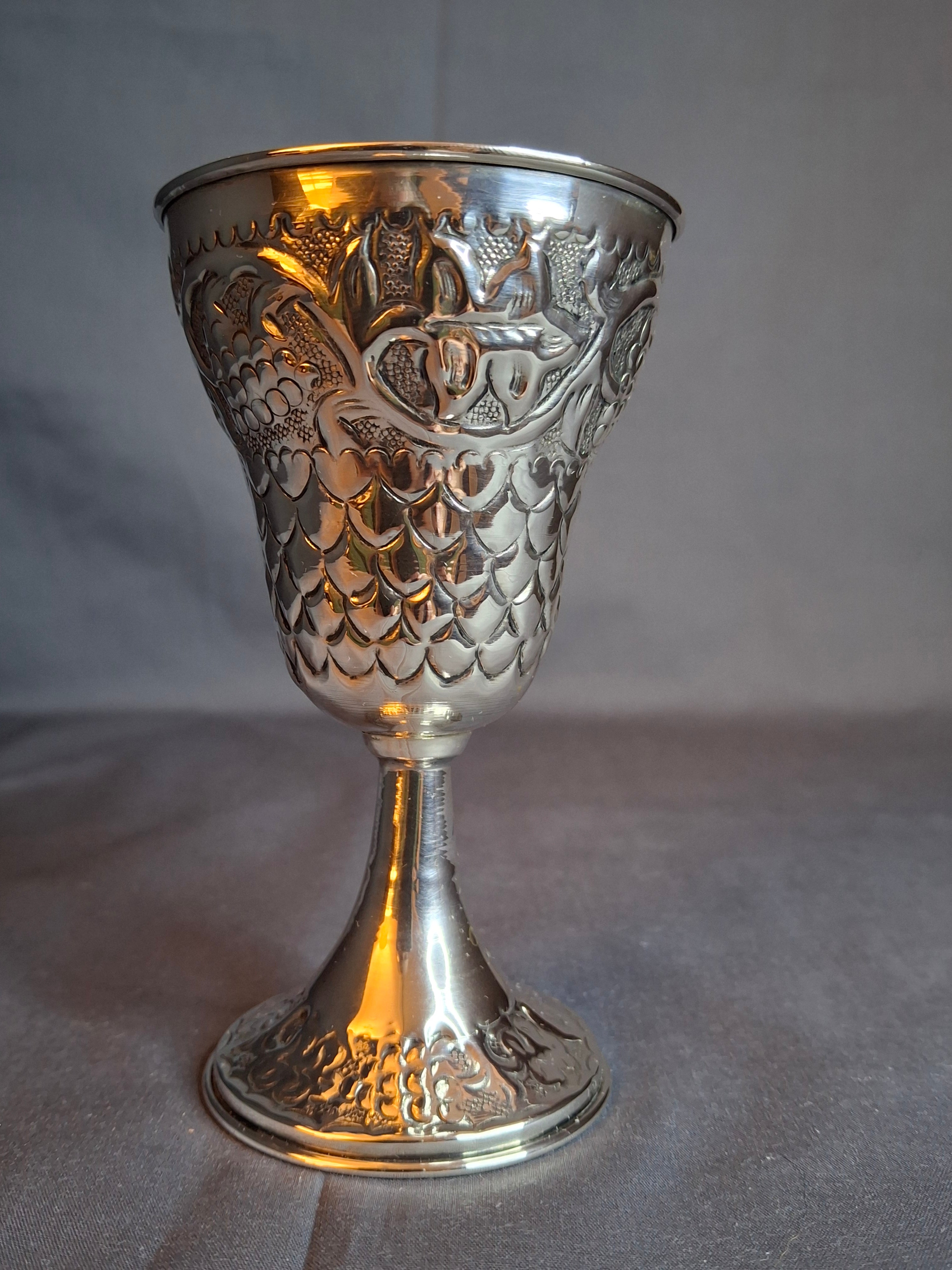 Vintage Bier Jerusalem Solid Silver Kiddush Cup - Hand-Chased Repoussé Grapes - Artisan "Ben" Hallmark