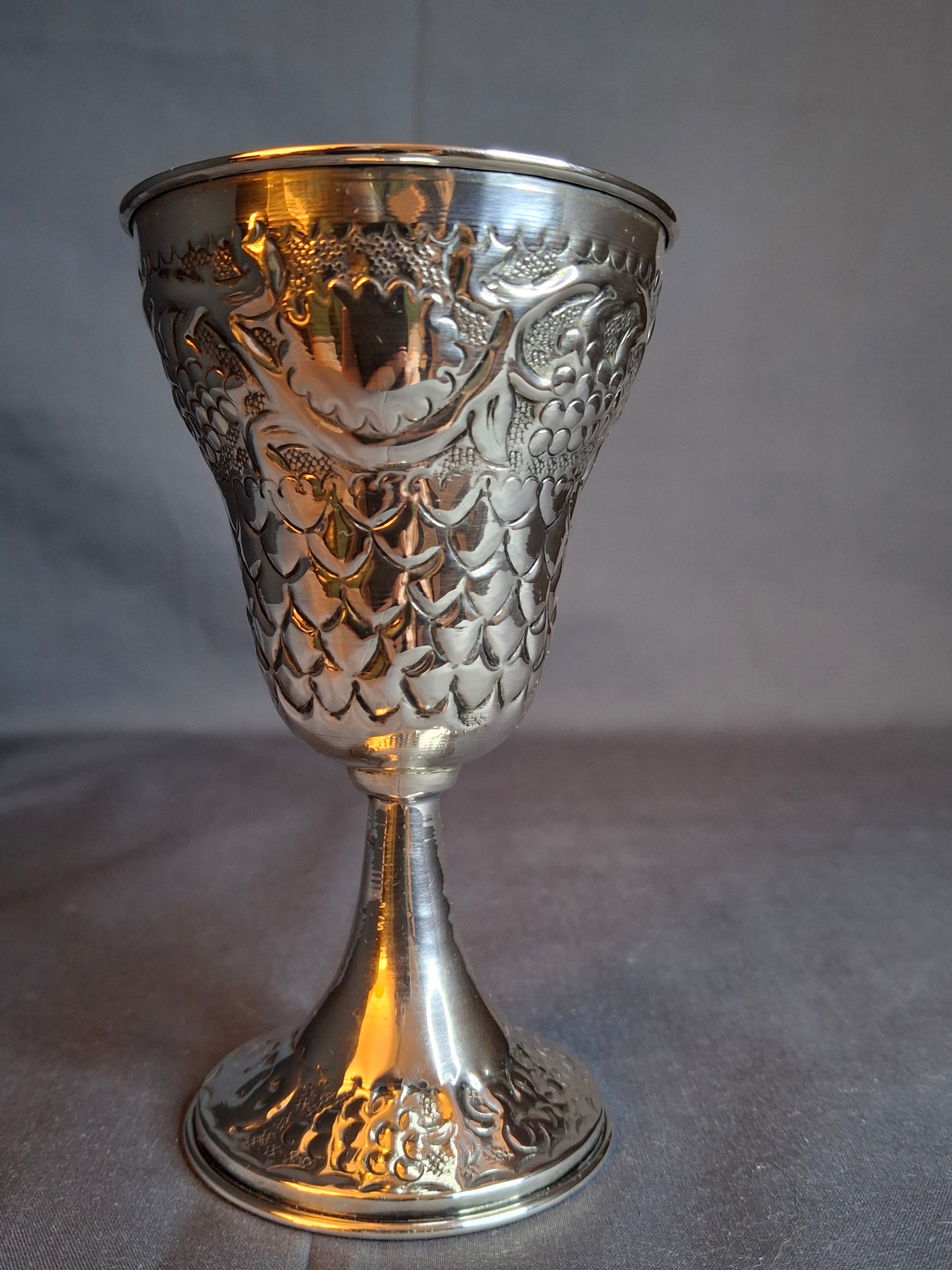 Vintage Bier Jerusalem Solid Silver Kiddush Cup - Hand-Chased Repoussé Grapes - Artisan "Ben" Hallmark