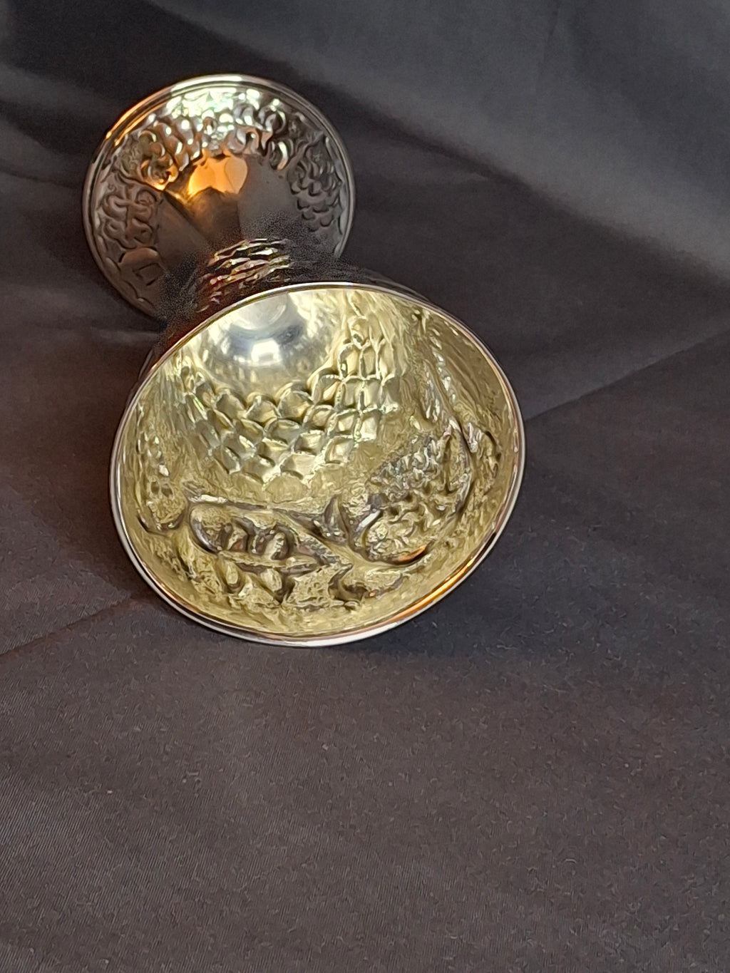Vintage Bier Jerusalem Solid Silver Kiddush Cup - Hand-Chased Repoussé Grapes - Artisan "Ben" Hallmark