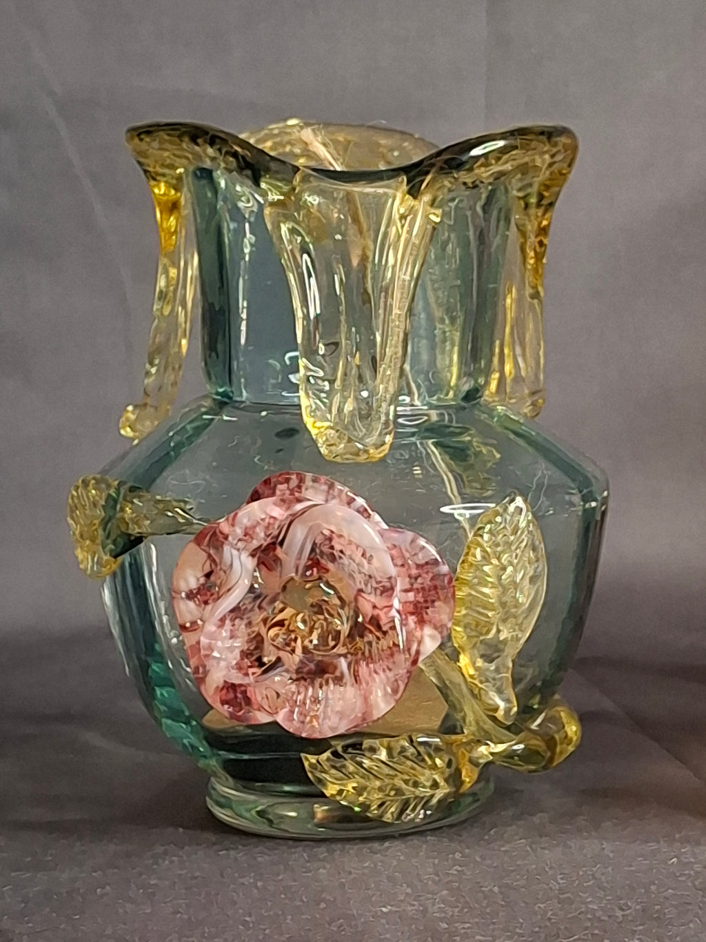 Rare Stevens & Williams Uranium Glass Bud Vase Applied Rose & Rigaree Feet c 1880